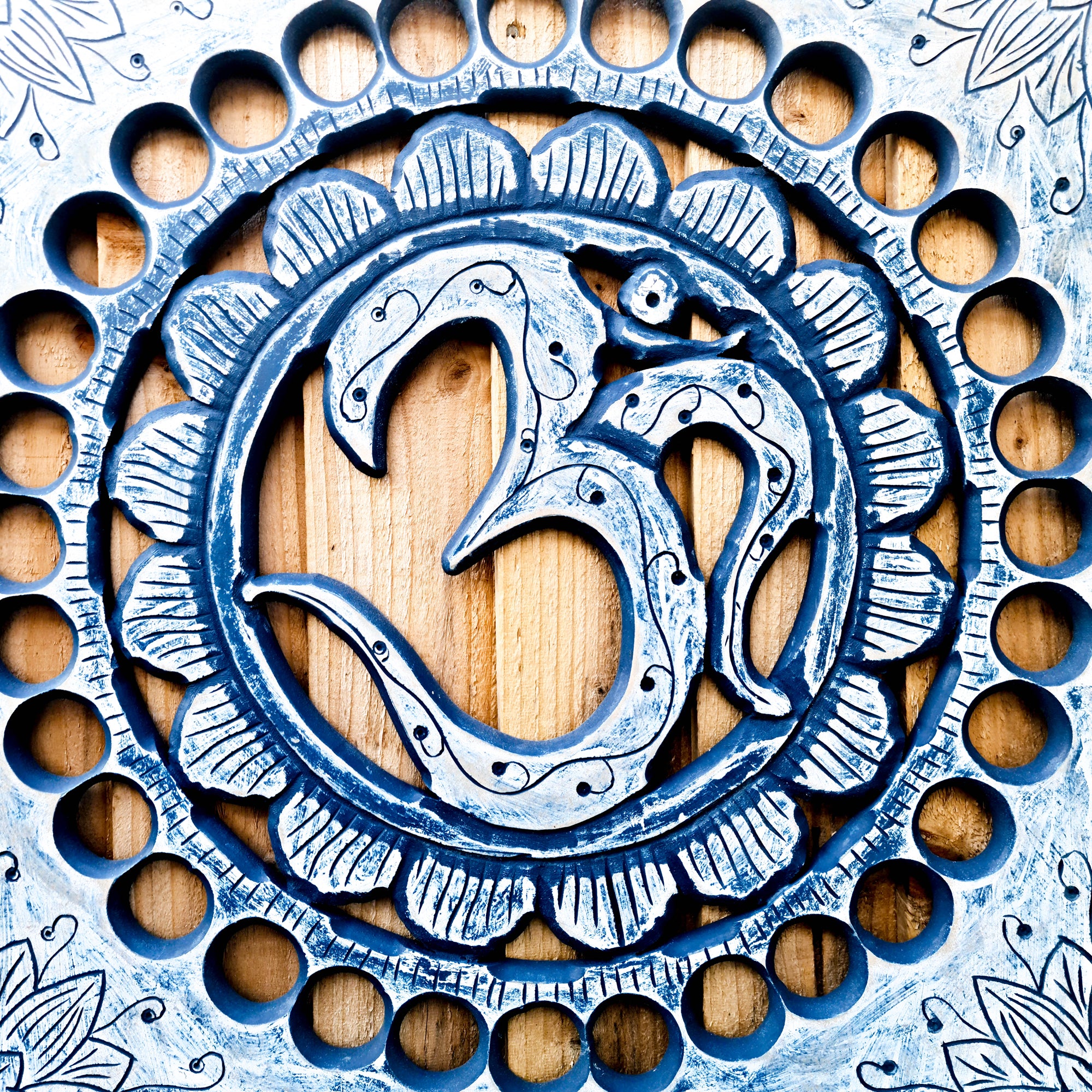 Handmade Carved Wooden Decorative Wall Art Hanging Buddha OM Mantra Distressed Rustic Indigo Blue