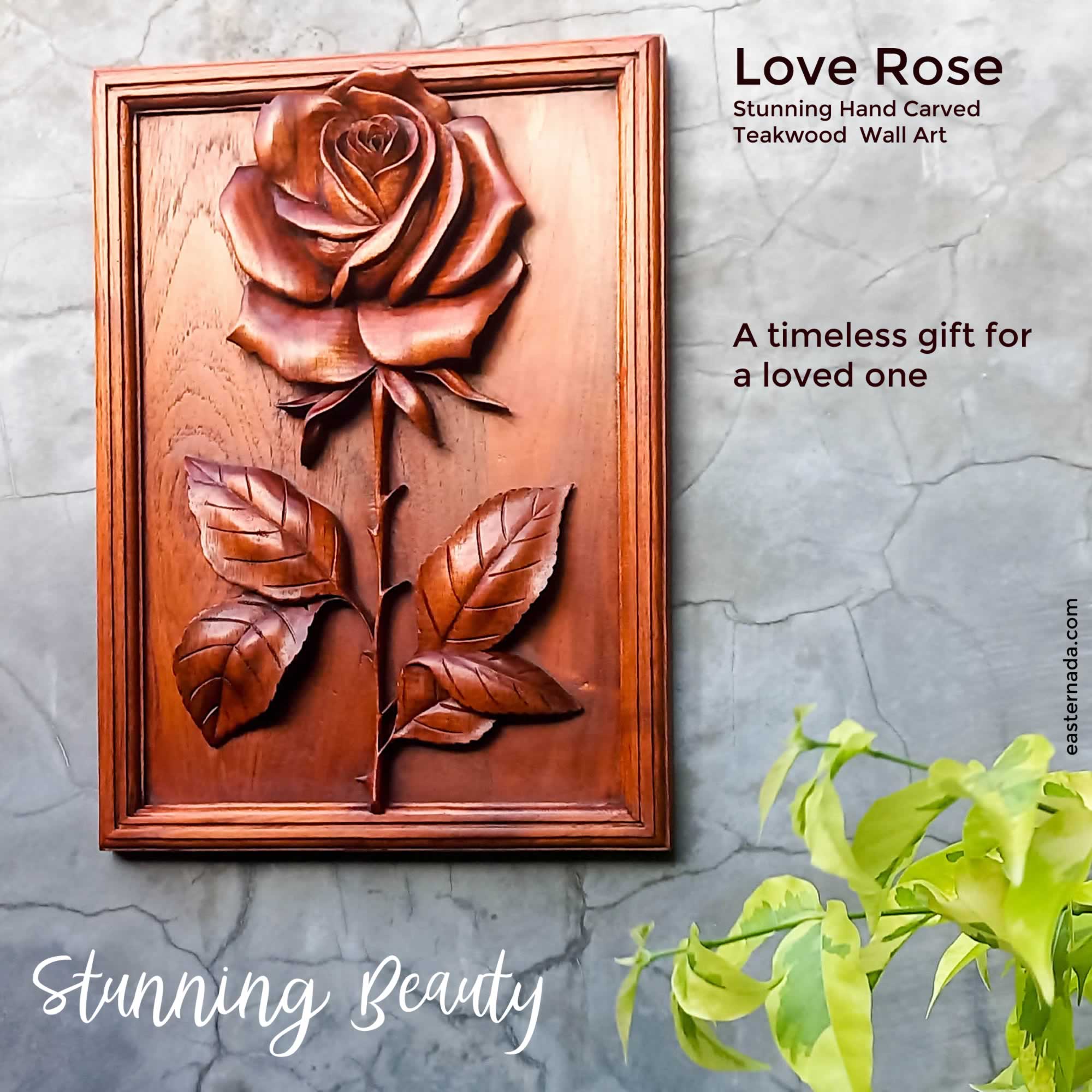 Love Rose Hand Carved Wooden Wall Art Sculpture Decoration Nature Garden - Perfect Valentine Christmas Gift. easternada.com