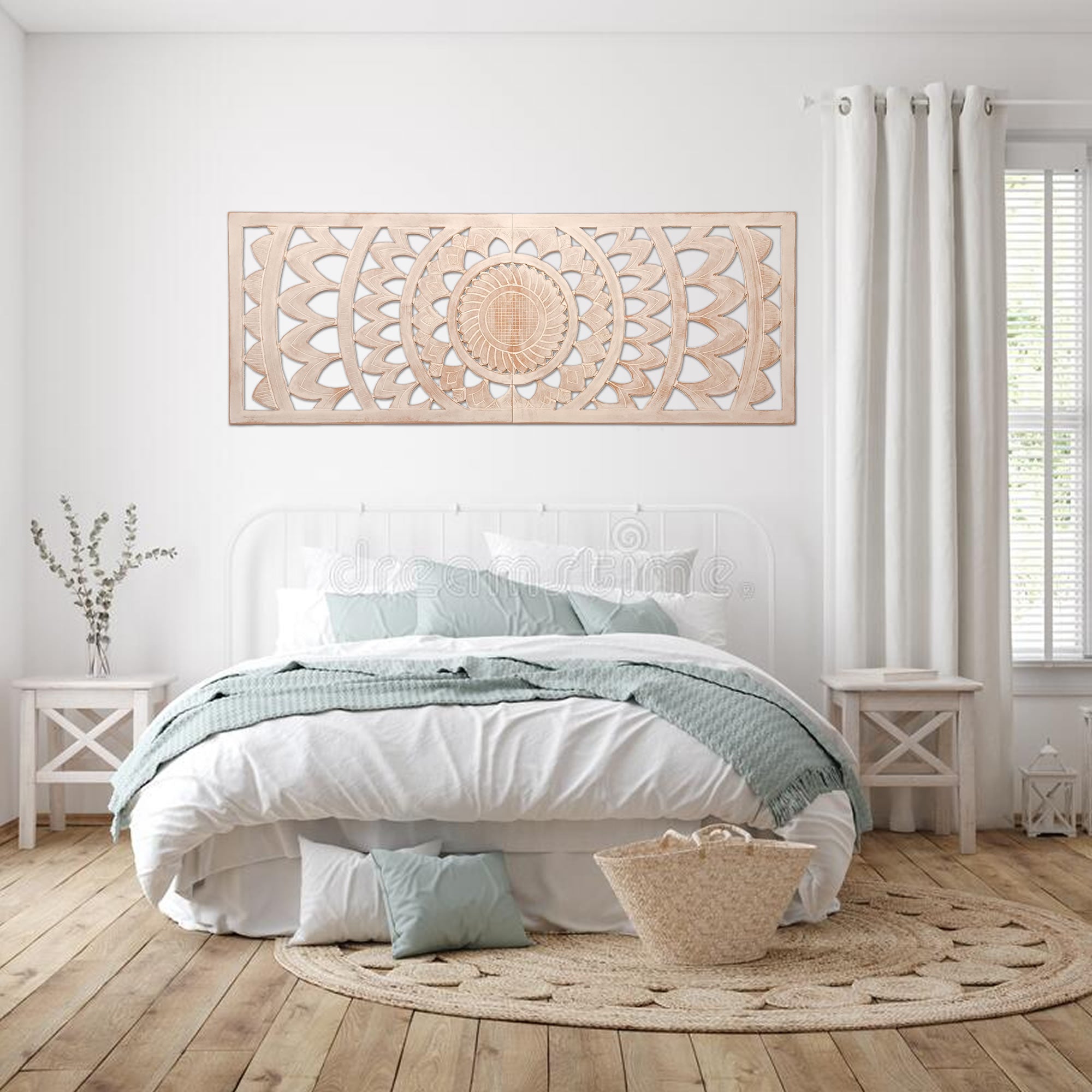 Hand Carved Wooden Wall Art - Long Headboard Decorative Mandala Panel