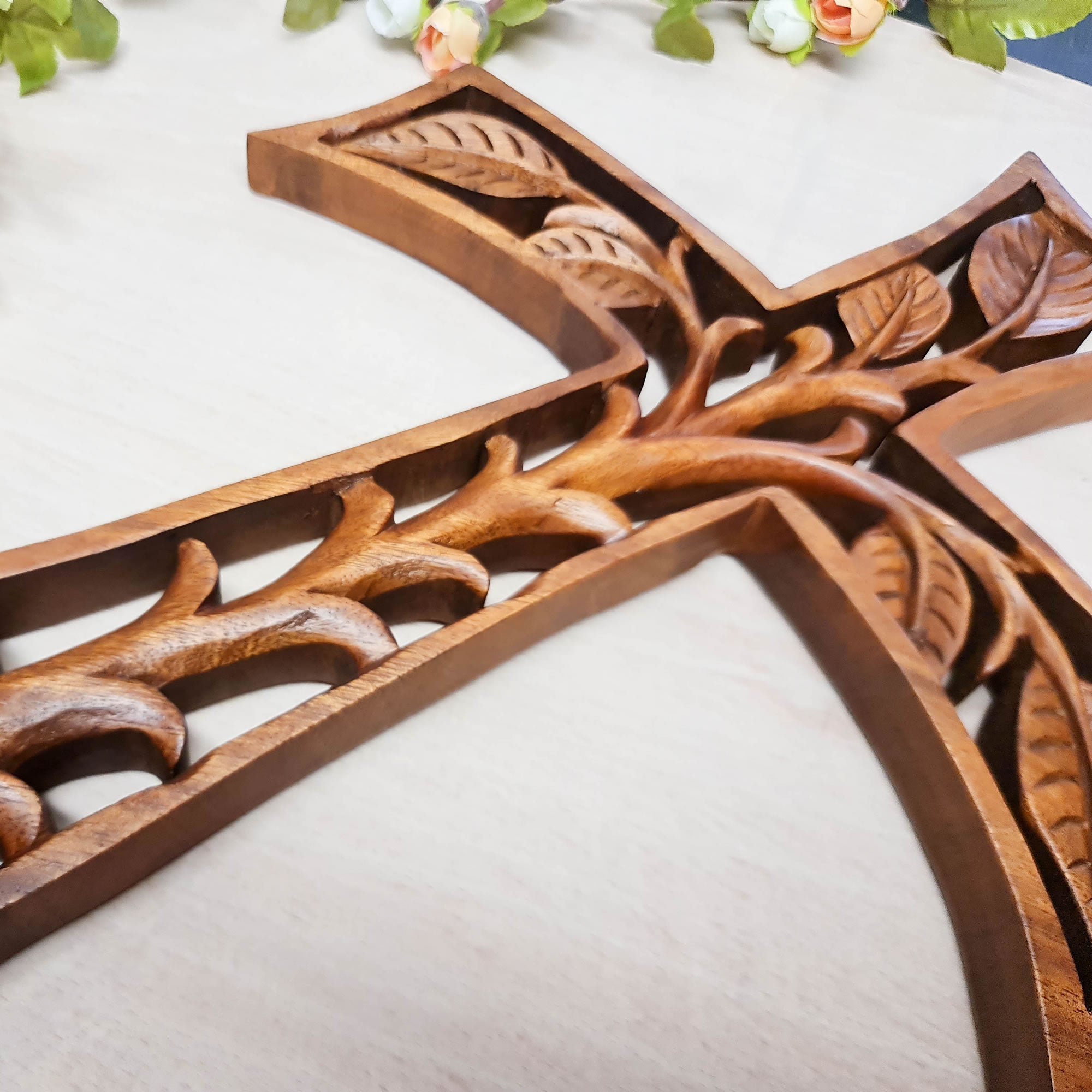 Christian Prayer Cross Tree of Life Carved Wooden Decorative Panel Sculpture Art