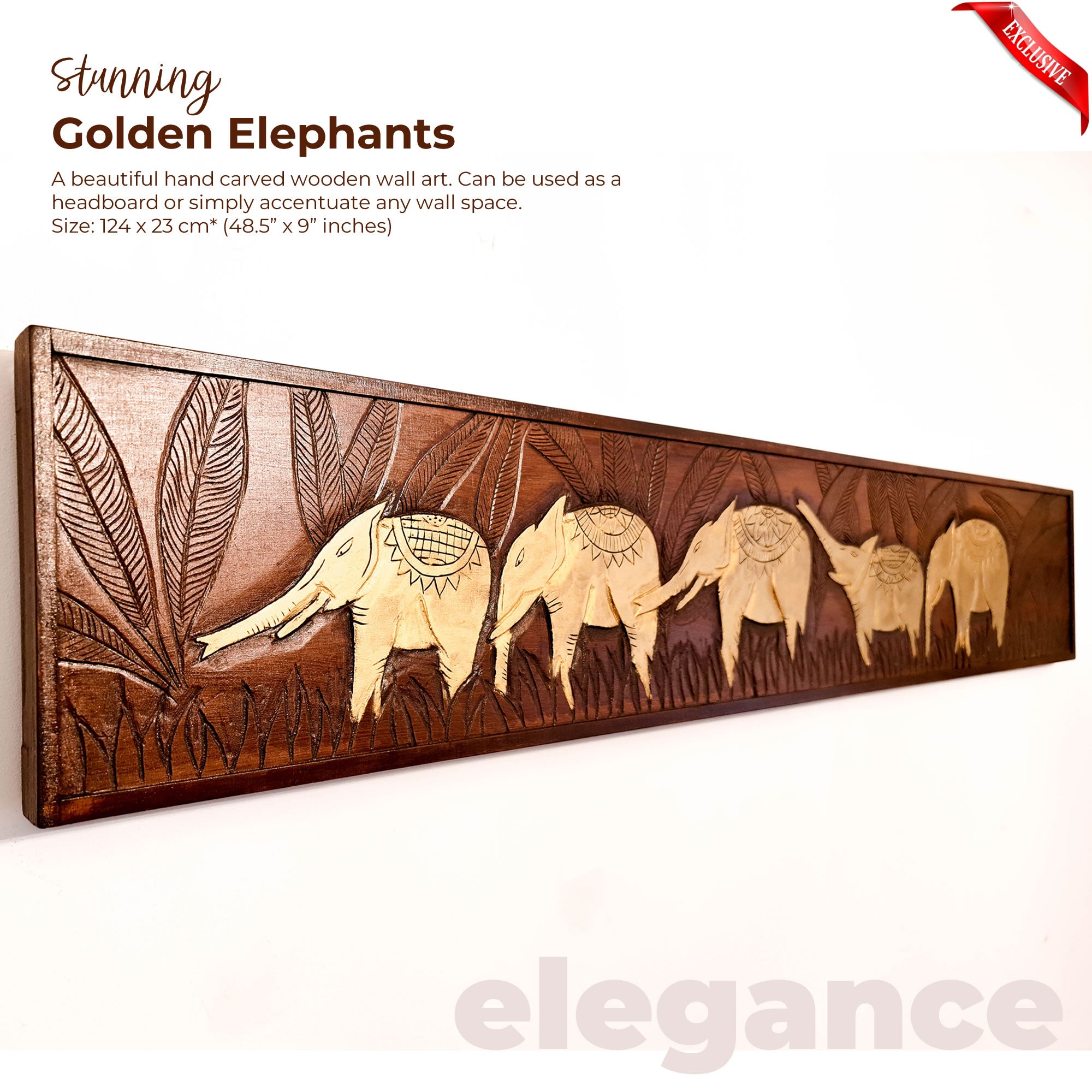 Golden African Jungle Elephants. Hand carved wooden wall art. A perfect headboard art