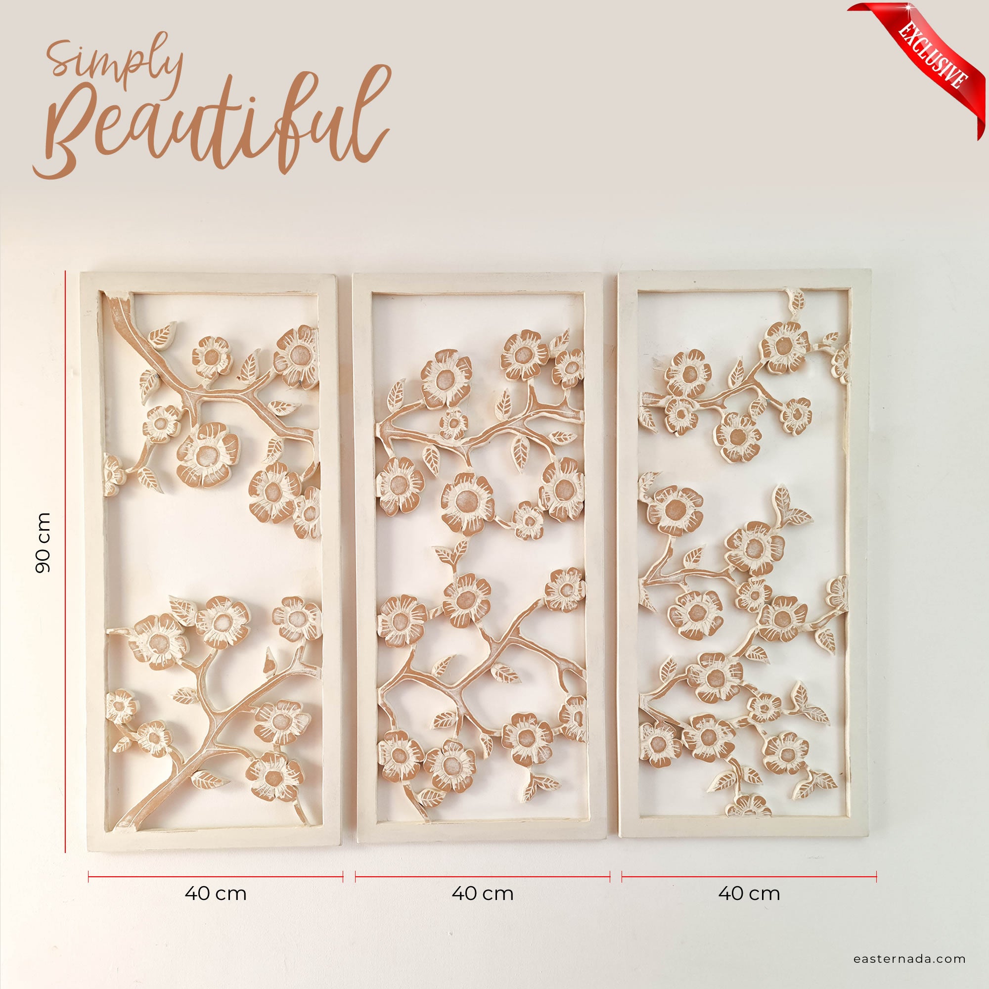 Hand Carved Wooden Wall Art - Large Headboard Decoration Cherry Blossom Shabby Chic Distressed White - Easternada