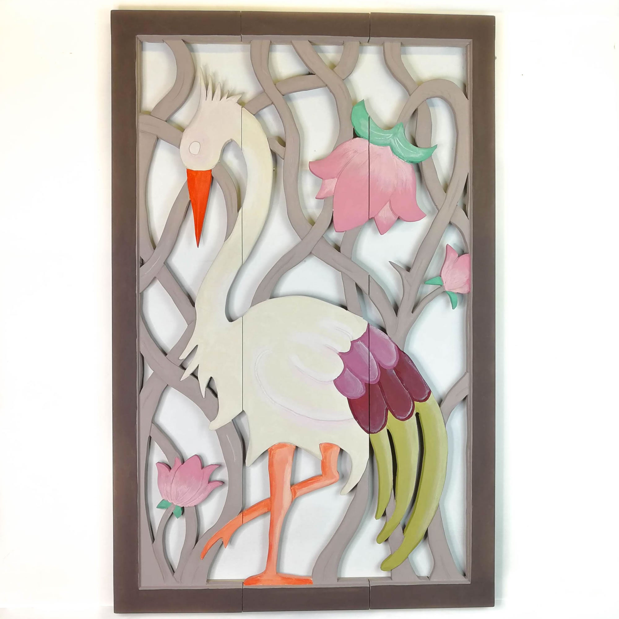 Carved Painted Wooden Wall Art - Large Headboard Decorative Bird Panel