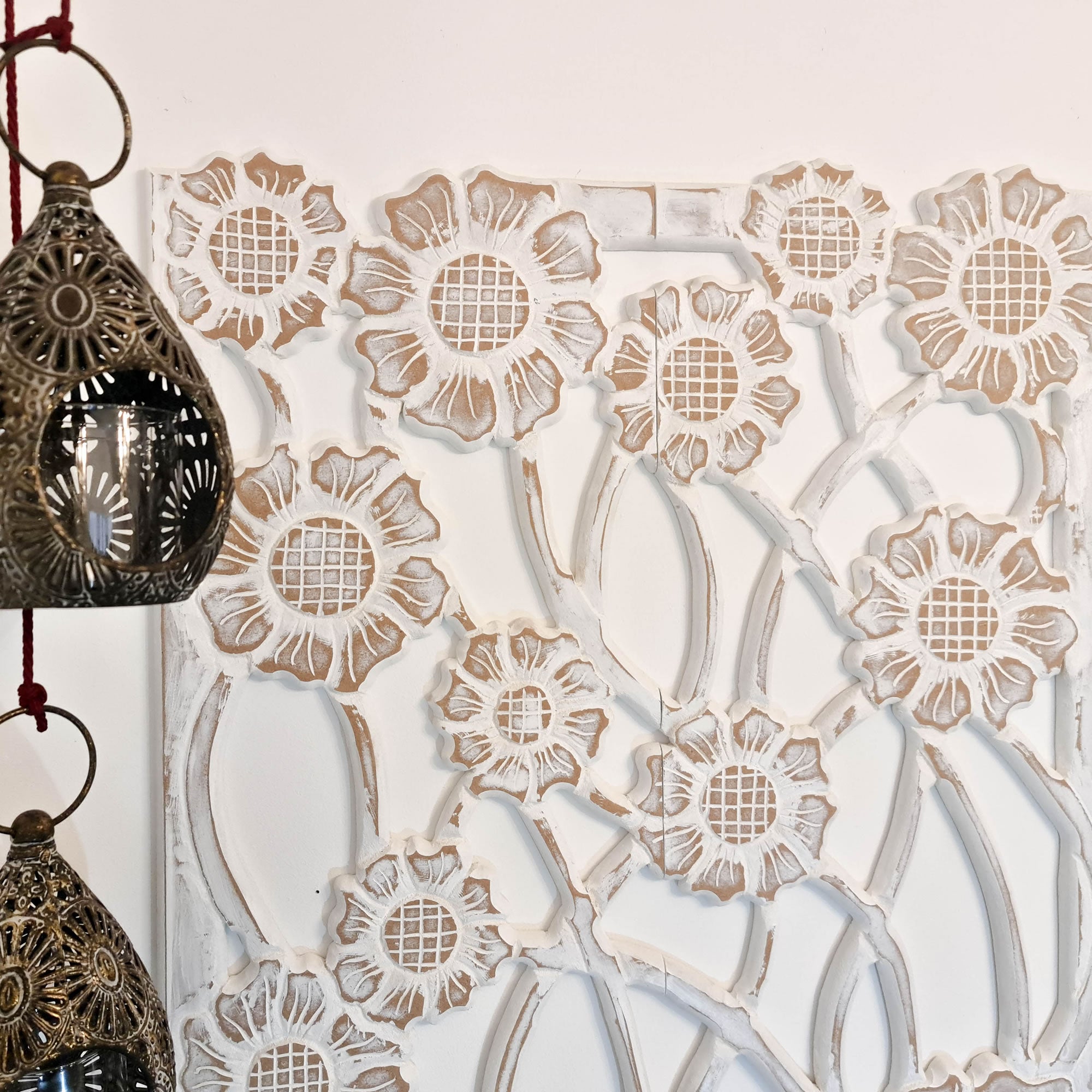 Hand Carved Wooden Wall Art - Large Headboard Decorative Flowers Panel Distressed White Shabby Chic