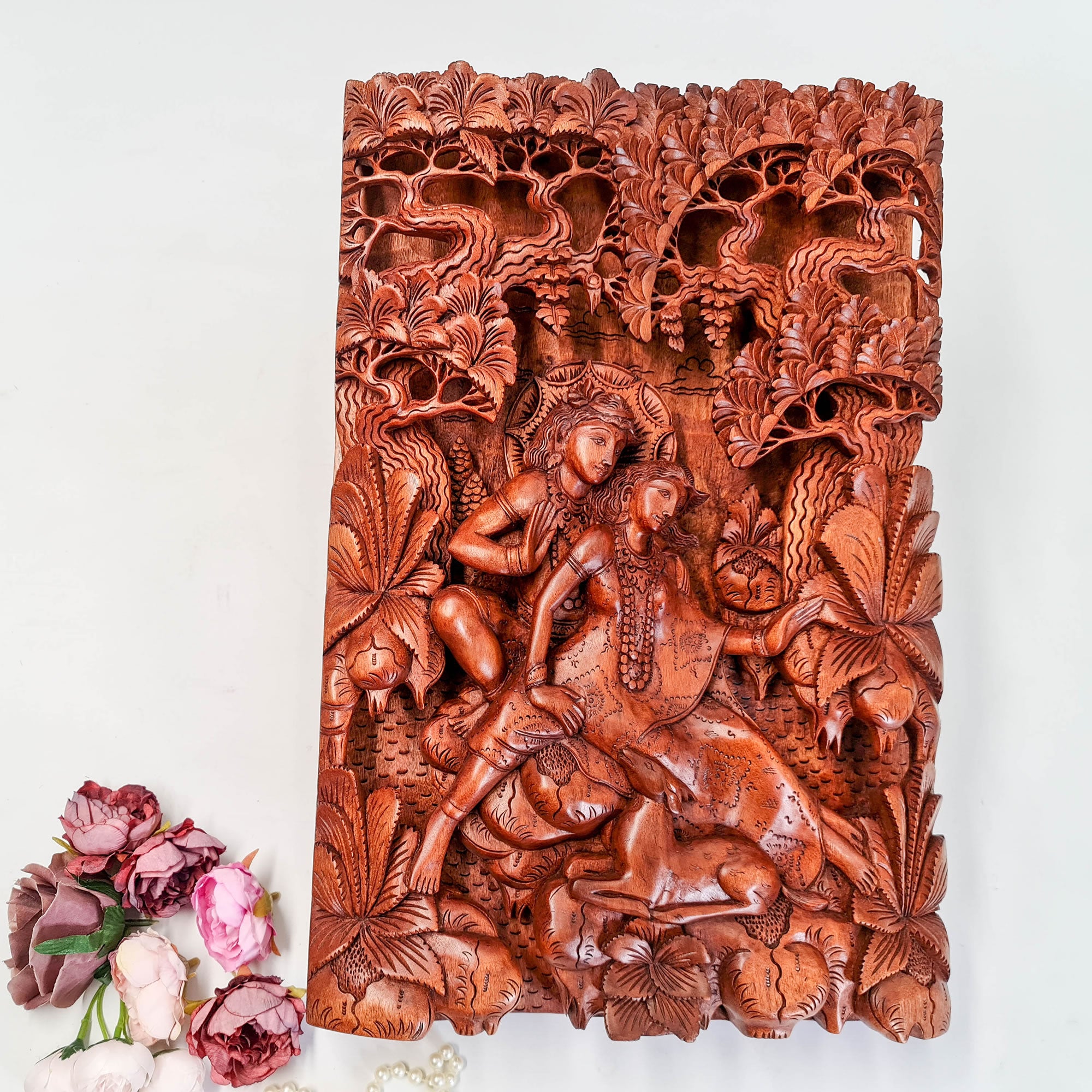 Hand Carved Wooden Hindu God - Radha Krishna Sculpture Art Mandir