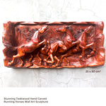 Hand Carved Teak Wood Wild Running Horses Decorative Sculpture Wall Art