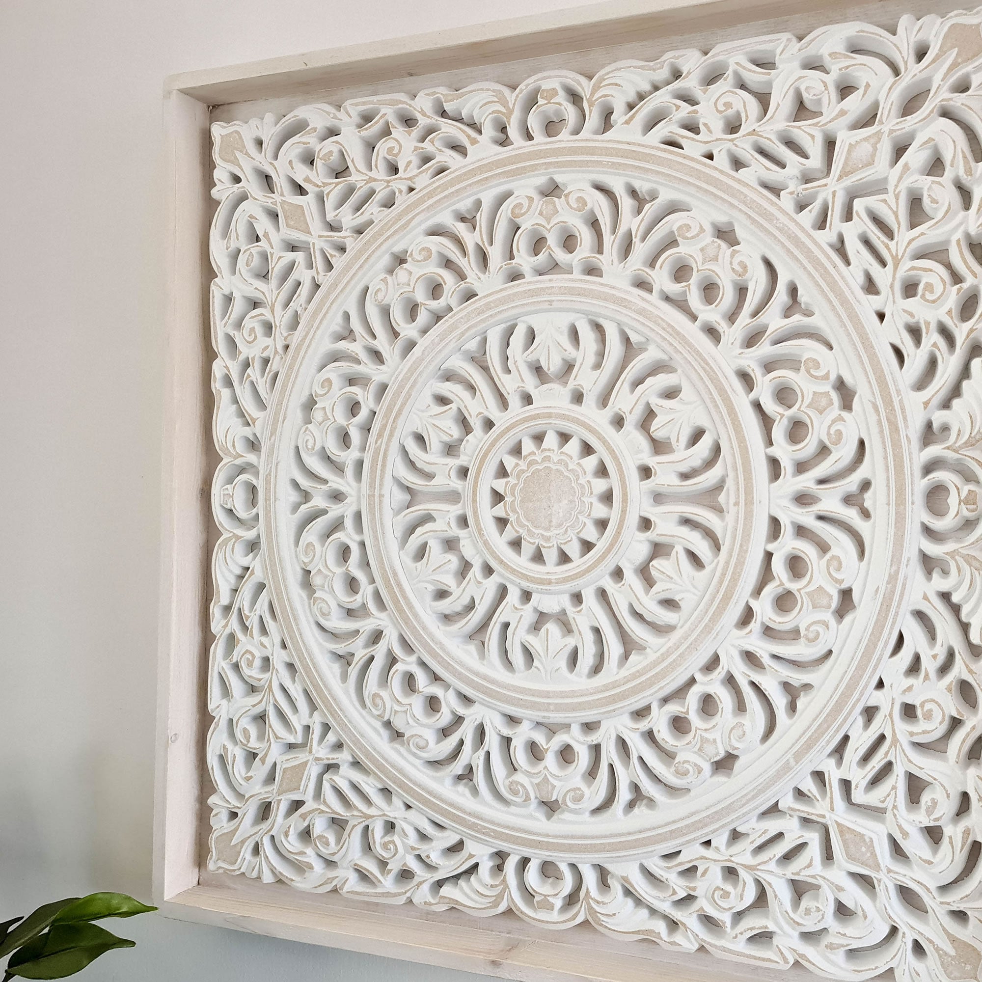 Carved Wooden Decorative Framed Mandala Panel Art Sculpture White Shabby Chic