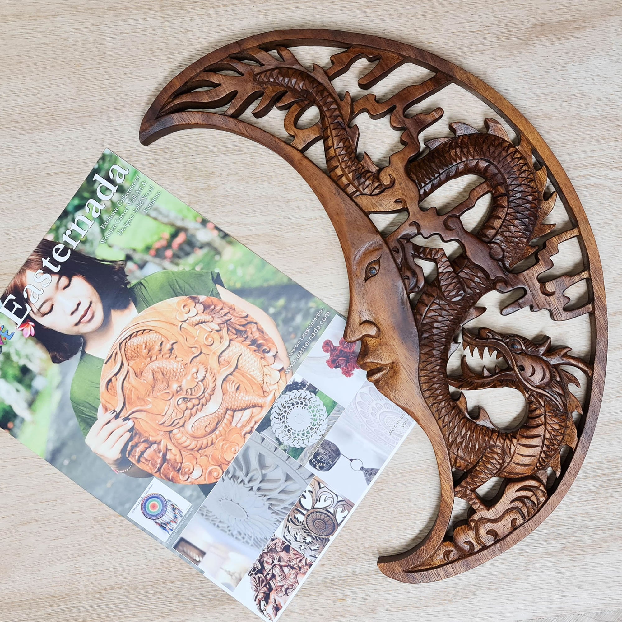 Tarot Astrology Card Reading Positive Energy Crystals Moon Dragon Hand Carved Wooden Decorative Sculpture Art Easternada