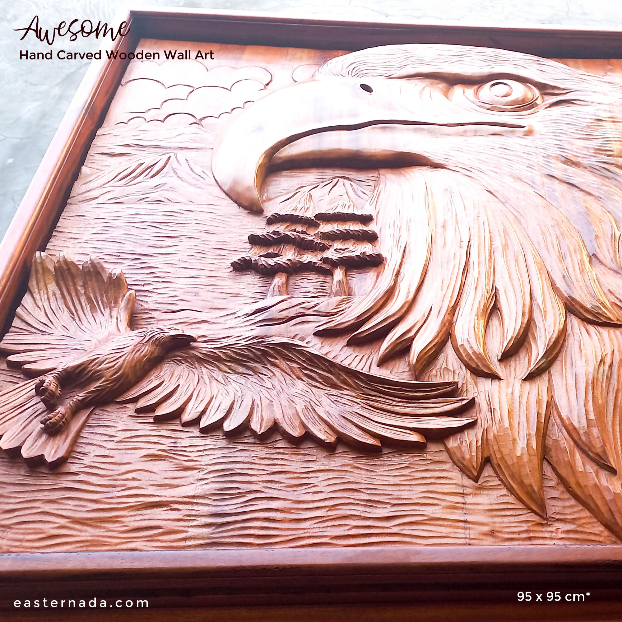 Hand Carved American Bald Eagle Bird Decorative Teakwood Sculpture Wall Art