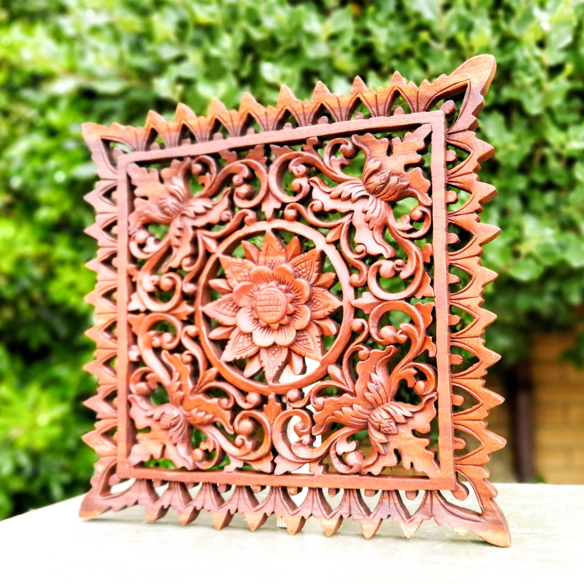 Hand Carved Wooden Decorative Panel Art Sculpture Mandala Yoga Square