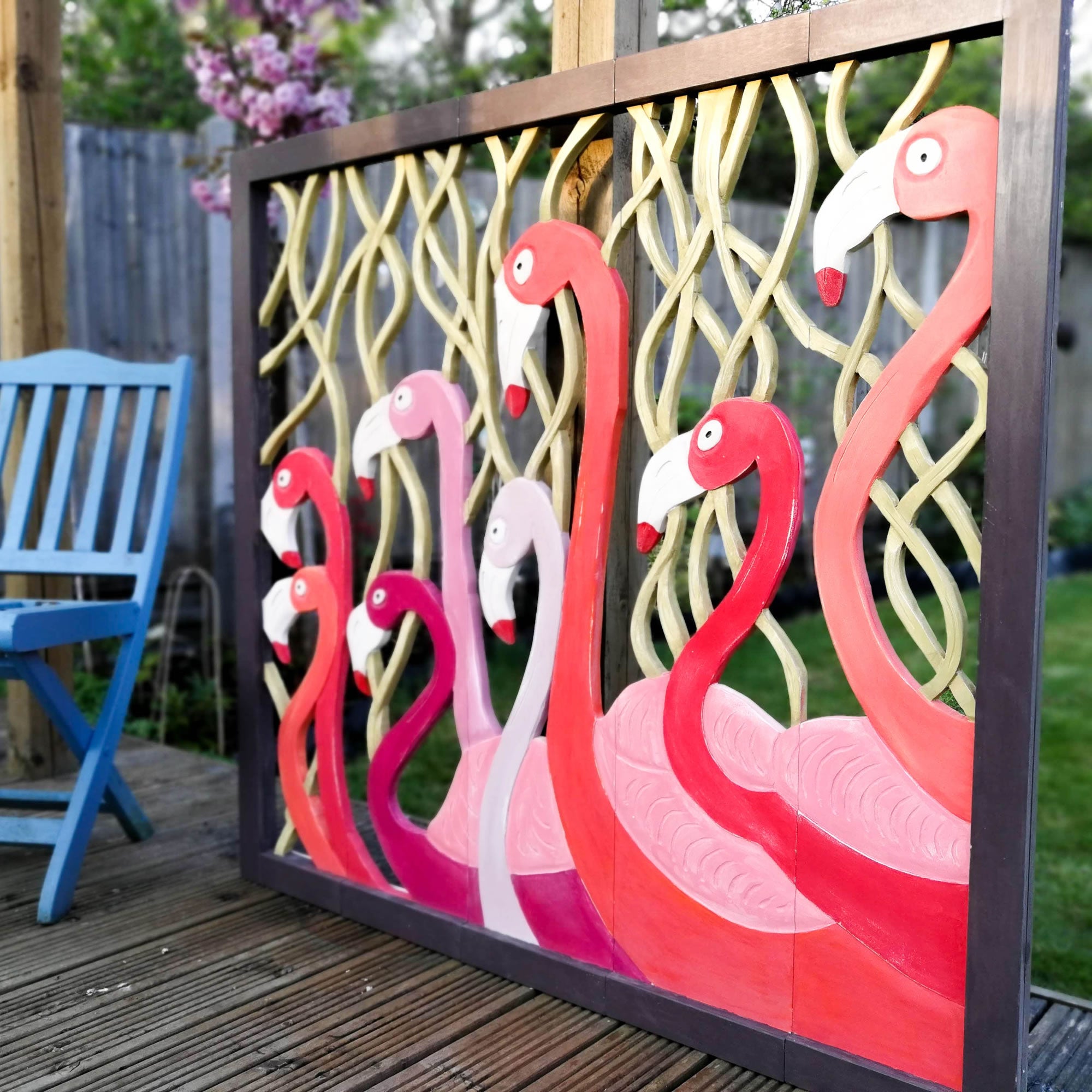 Carved Painted Wooden Wall Art - Large Headboard Decorative Flamingos