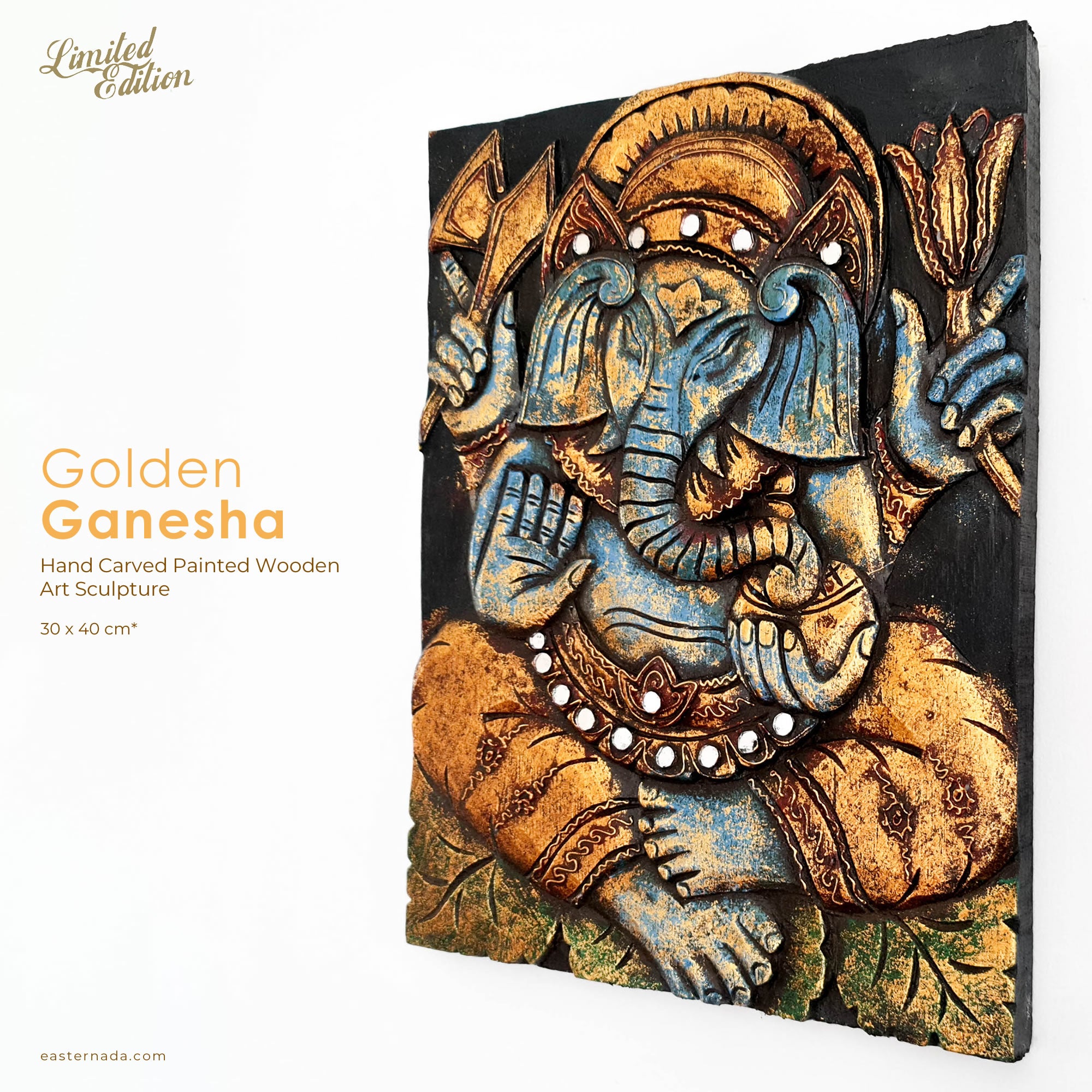 Hand Carved Painted Golden Ganesh Hindu God Mandir Wood Art Sculpture