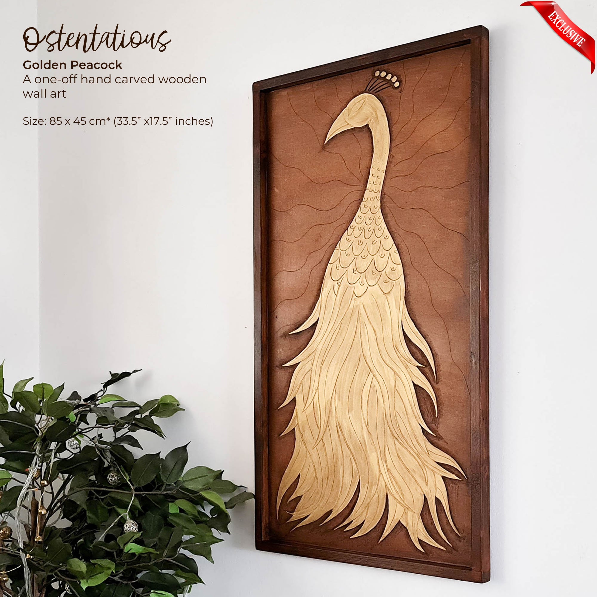 A beautifully carved wooden wall art - Golden Peacock. Handcrafted by skilled craftsmen this one-off piece is unique and simply amazing.
