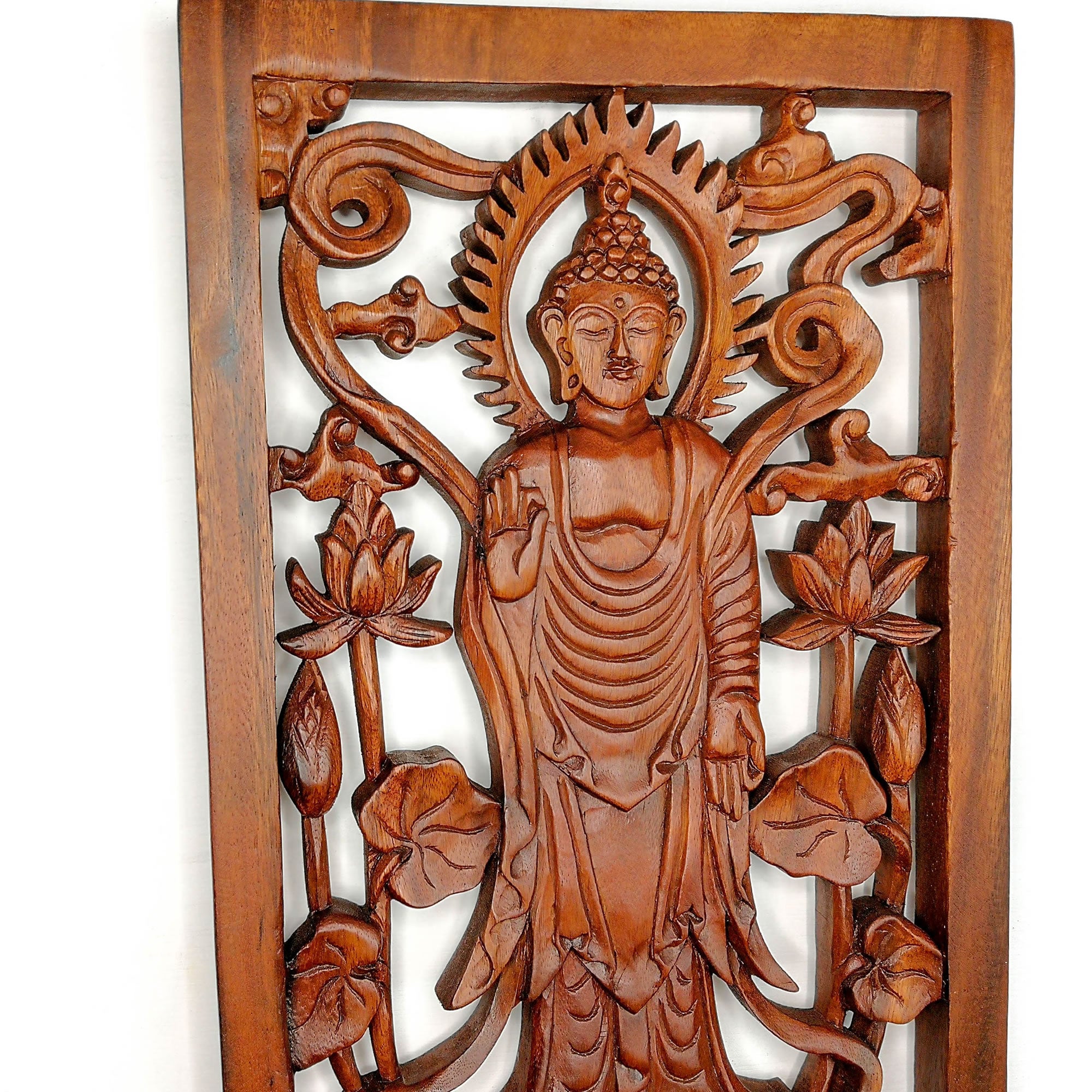 Hand Carved Wooden Wall Art Decorative Standing Buddha Peace Yoga Meditation
