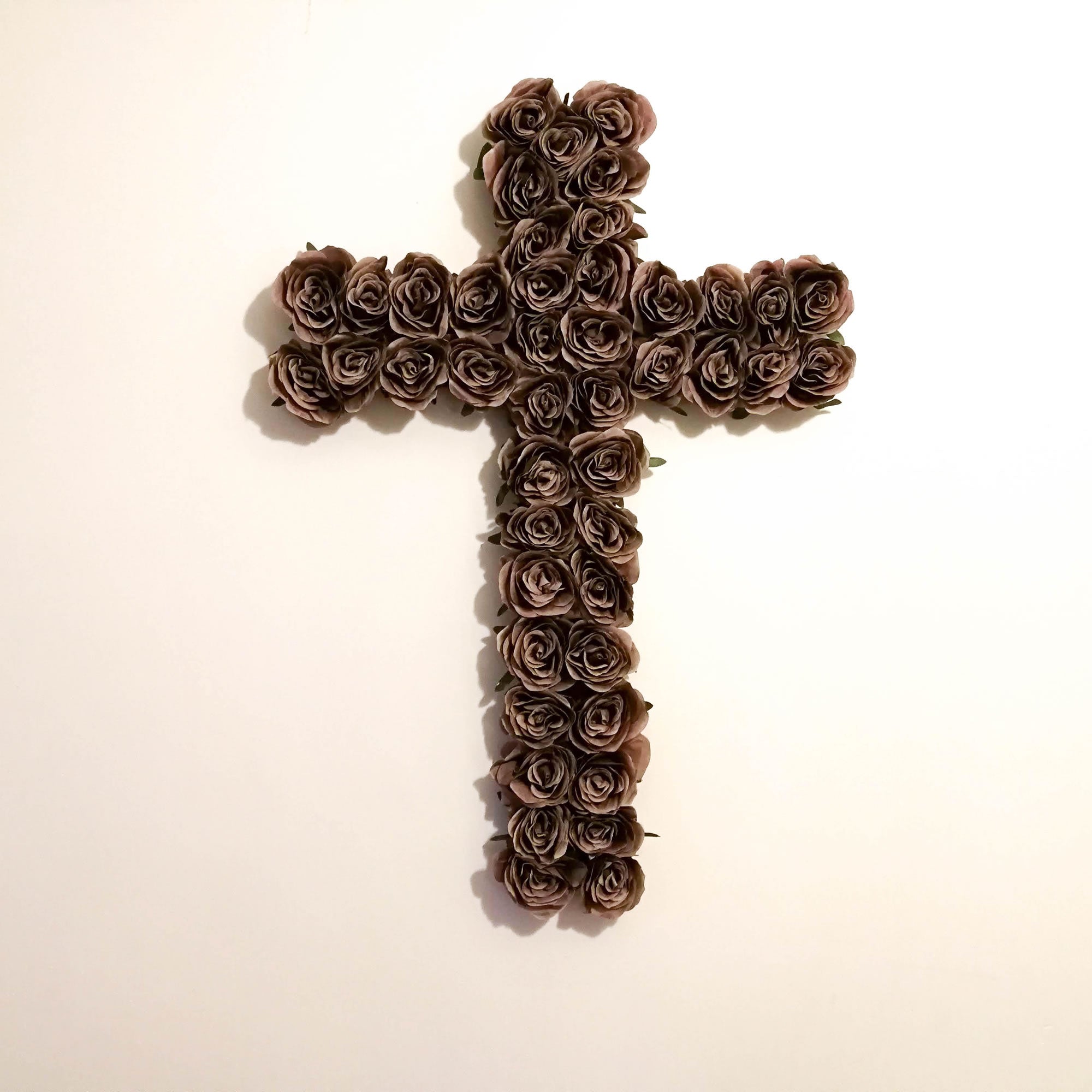 Decorative Christian Cross Wall Hanging - Jesus Religious Bohemian Style Silk Rose Flowers Church Cross
