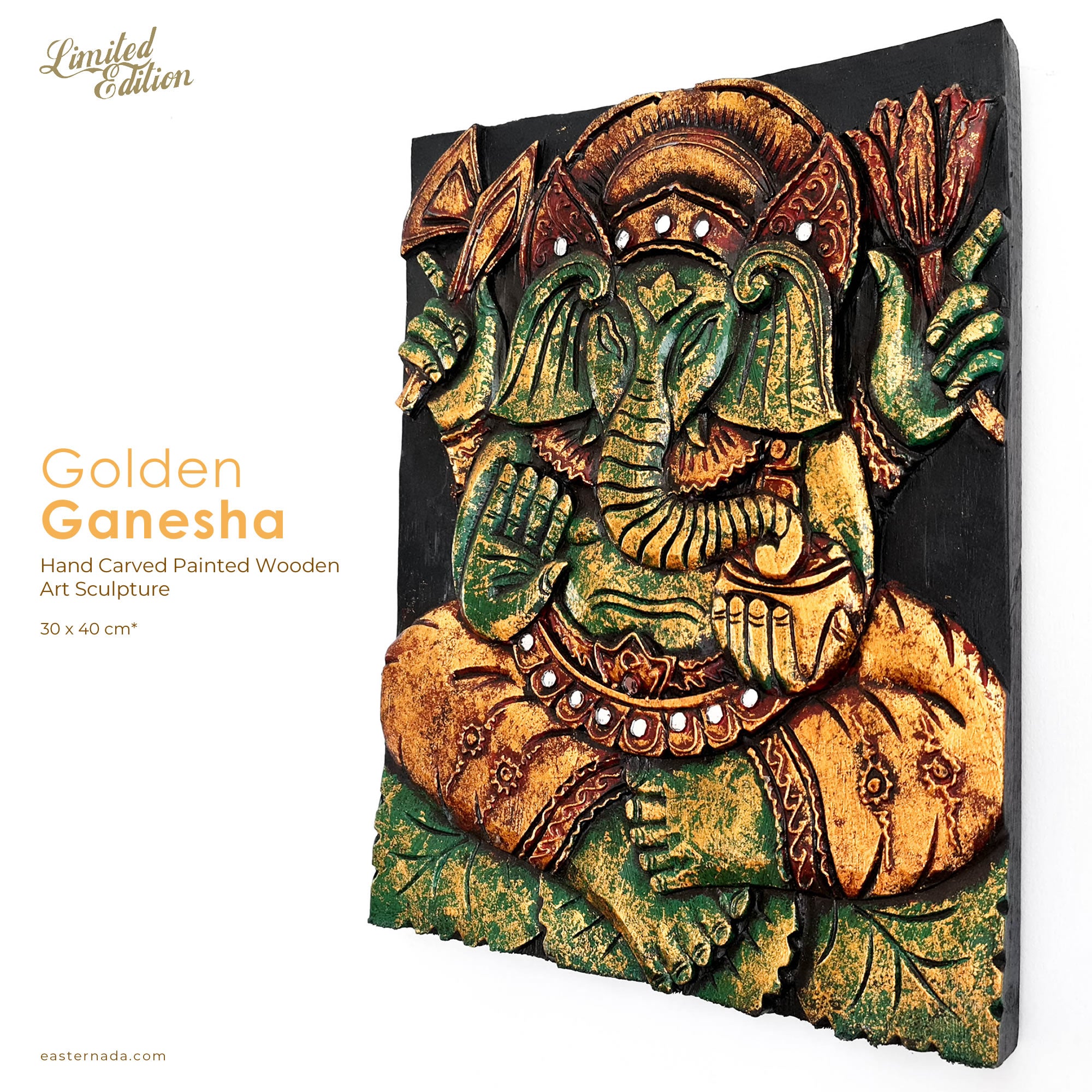 Hand Carved Painted Golden Ganesh Hindu God Mandir Wood Art Sculpture