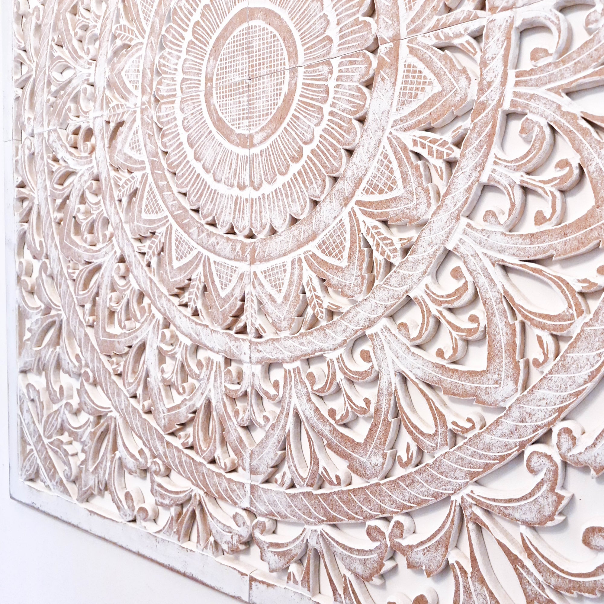 Hand Carved Wooden Wall Art - Headboard Decorative Large King Mandala Distressed White Bohemian Boho Style Shabby Chic. We can also custom carve to your specifications.