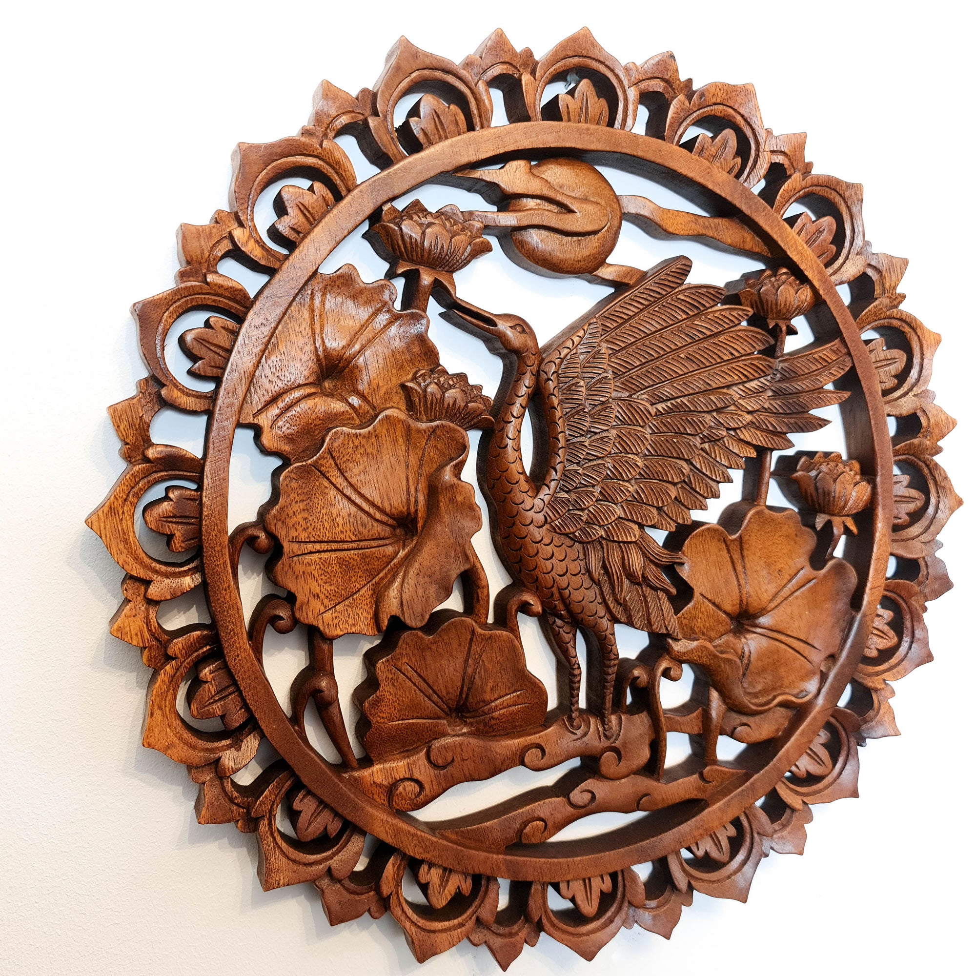 Dancing Crane Bird Carved Wooden Hand Carved Decorative Panel Sculpture Nature - Easternada