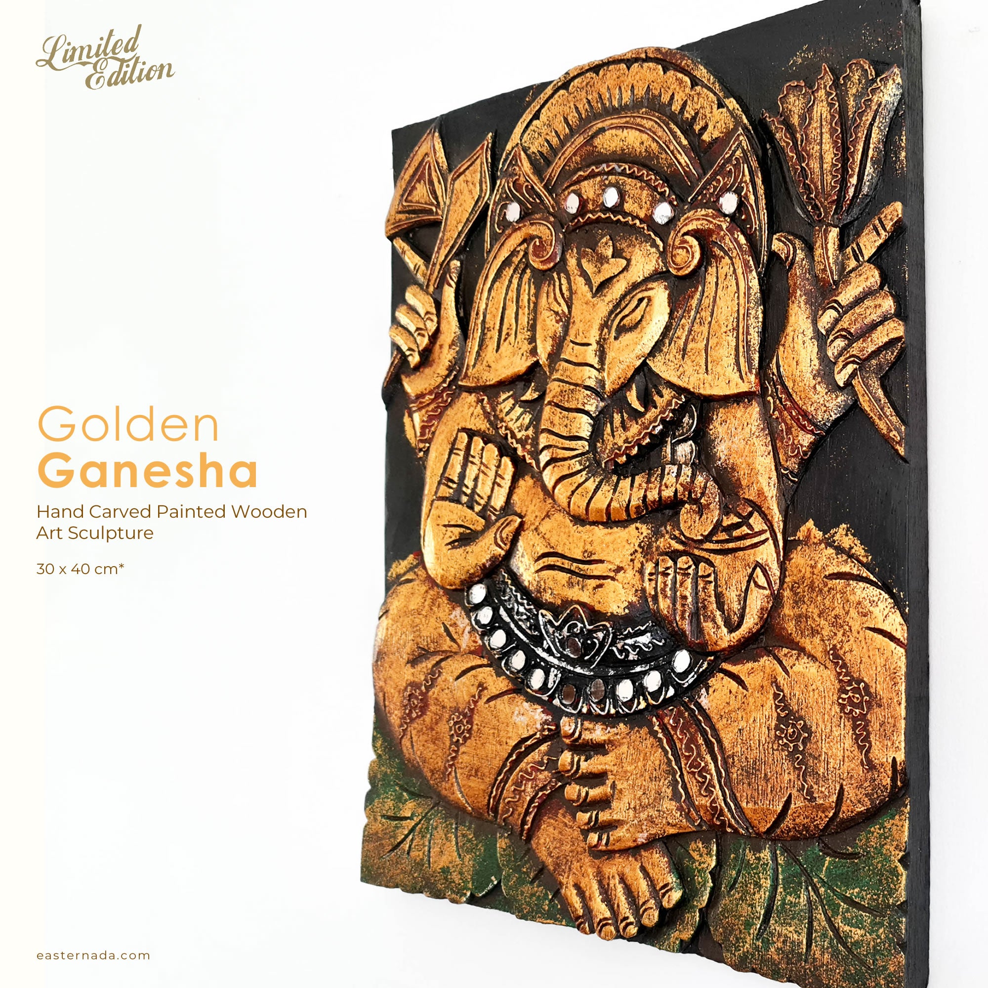Hand Carved Painted Golden Ganesh Hindu God Mandir Wood Art Sculpture