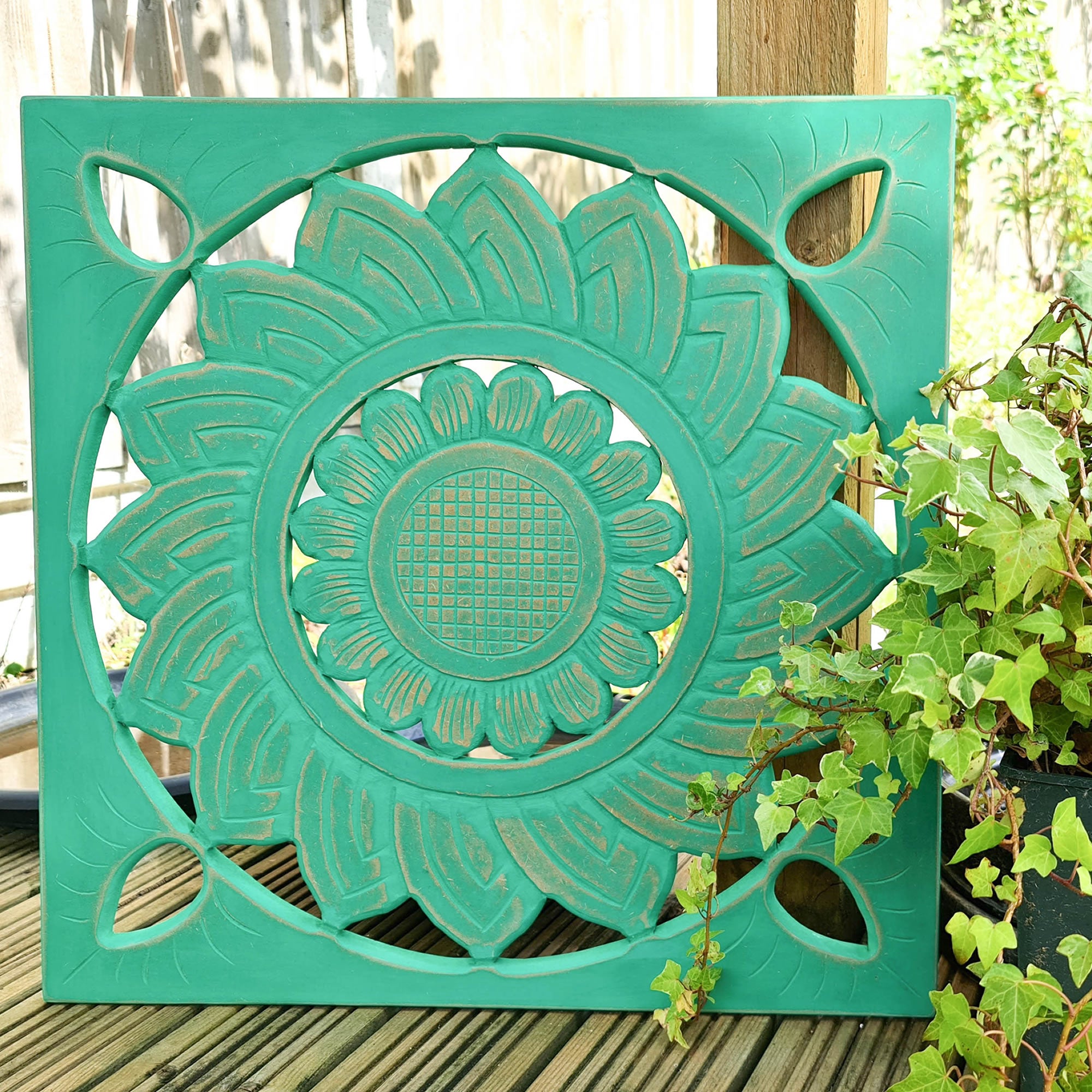 Hand Carved Wooden Wall Art - Square Decorative Mandala Turquoise