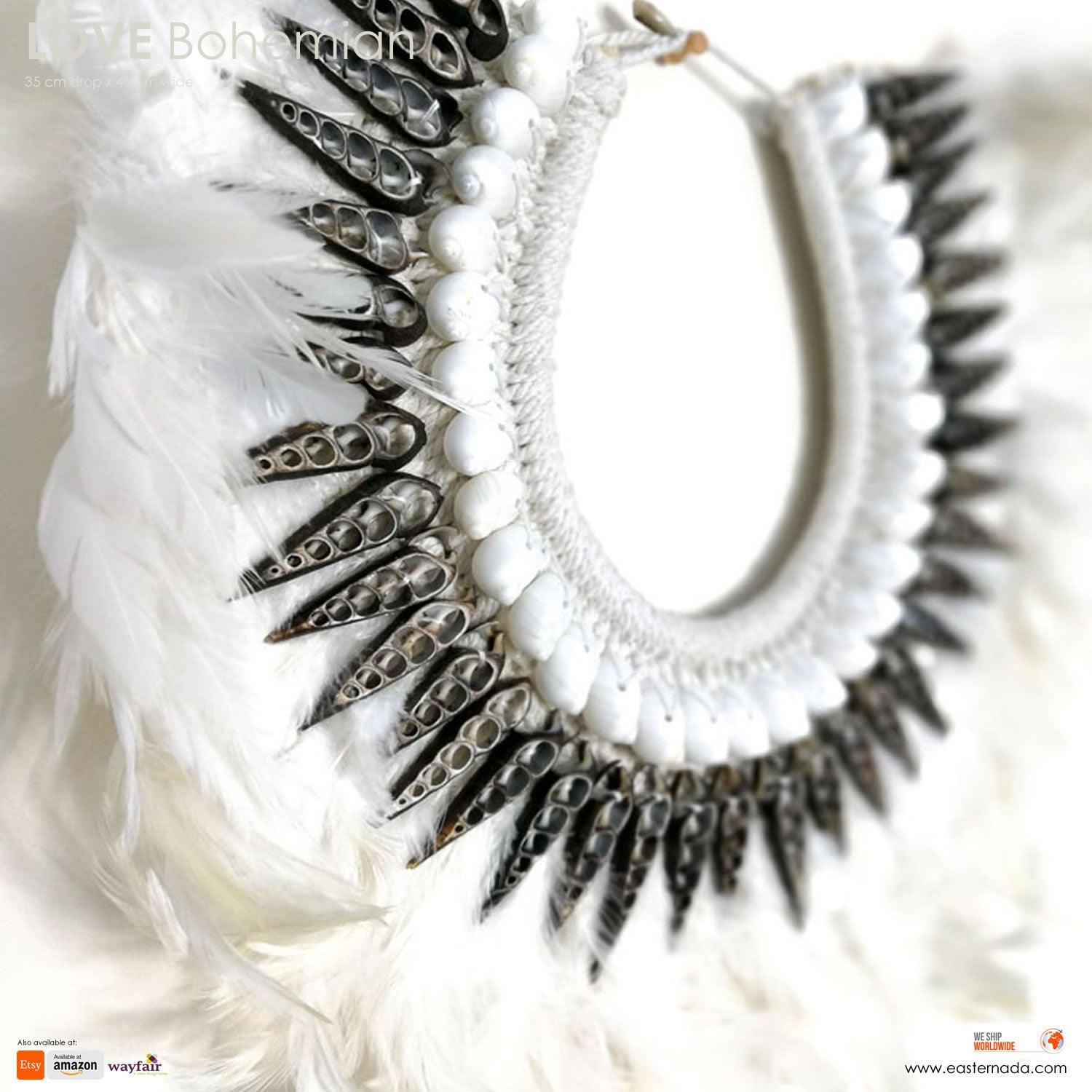 Boho Bohemian Style Feather Sea Shells Handmade Decorative Costume Macrame Necklace Juju - Easternada