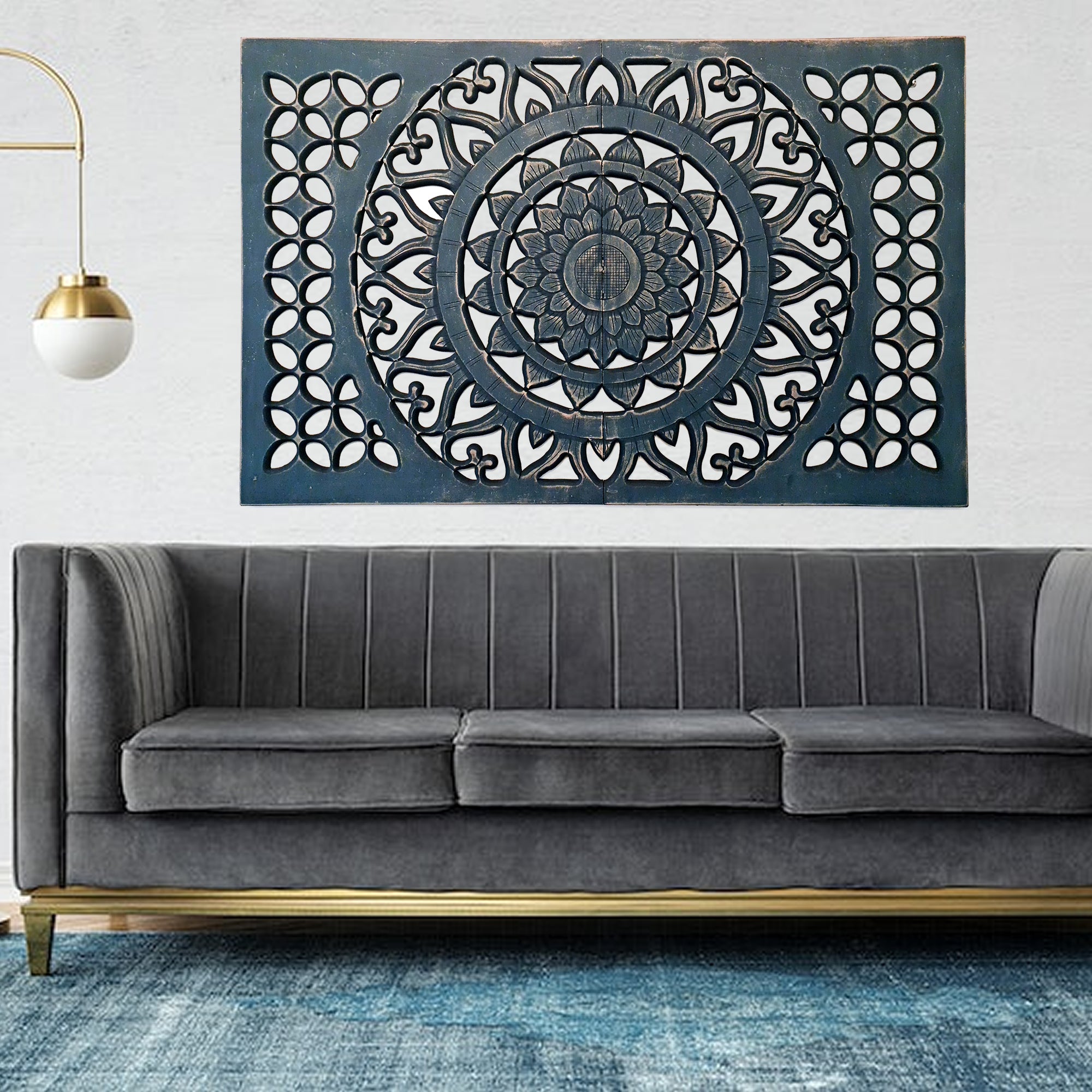 Indigo Blue Mandala | Hand-carved Wooden Decorative Wall Art Sculpture Headboard | Easternada Headboard