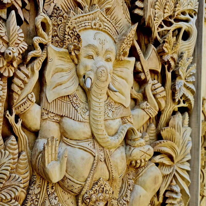 Pre-Order - Ganesha Hindu Mandir Hand Carved Teakwood Decorative Wall Art Sculpture