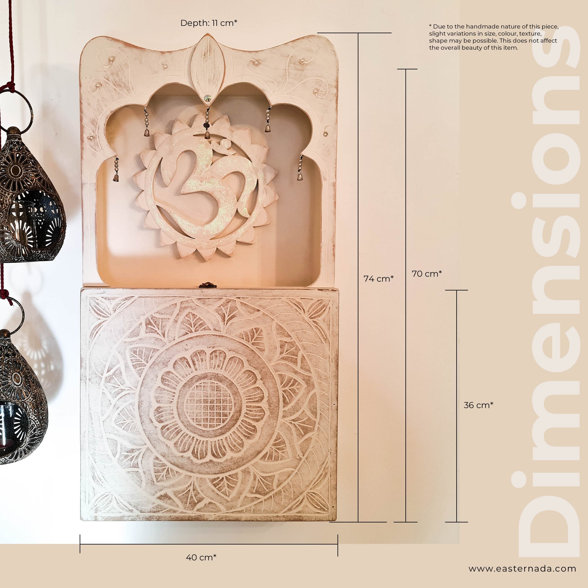 Hindu Mandir Pooja Prayer Temple Hand Made Wood Home Cabinet Distressed White Shabby Chic Wall Mounted Easternada