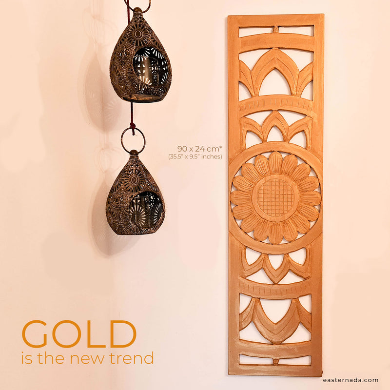 Carved Wooden Decorative Long Panel Art Sculpture Gold Mandala Headboard. Hand crafted by skilled craftsmen this piece is unique and simply amazing