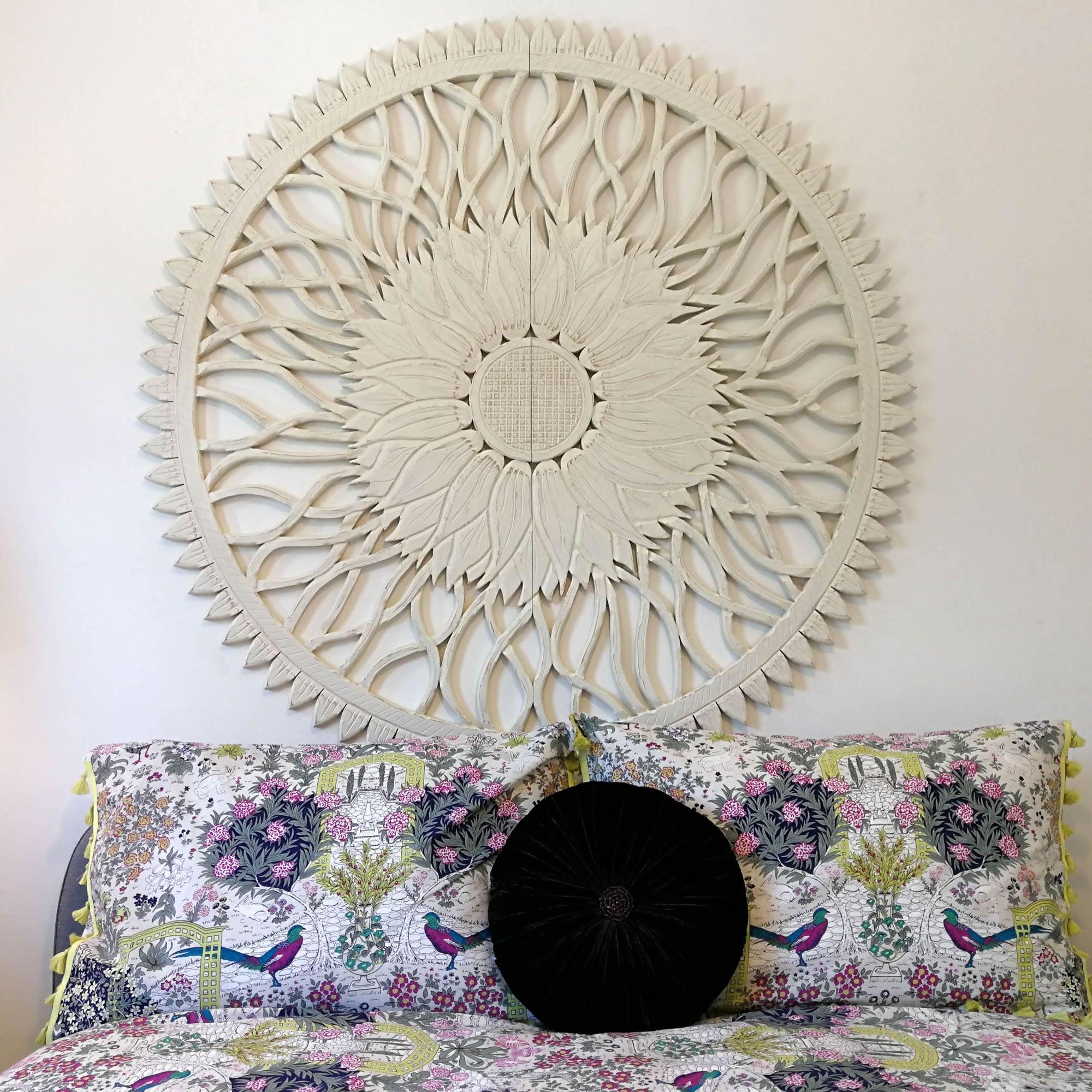 48" Inches Large Handmade Carved Wooden Decorative Wall Art Lotus Headboard Panel - Easternada