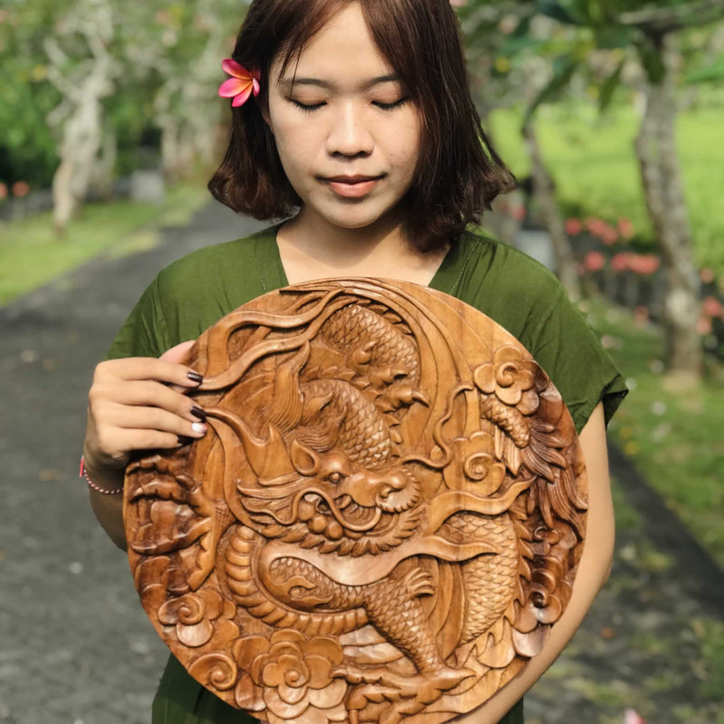 Hand Carved Wooden Wall Art Decorative Sculpture Chinese Dragon - Feng Shui Good Luck Perfect Gift Easternada