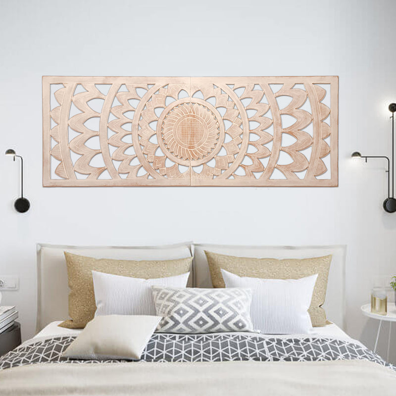 Hand Carved Wooden Wall Art - Long Headboard Decorative Mandala Panel