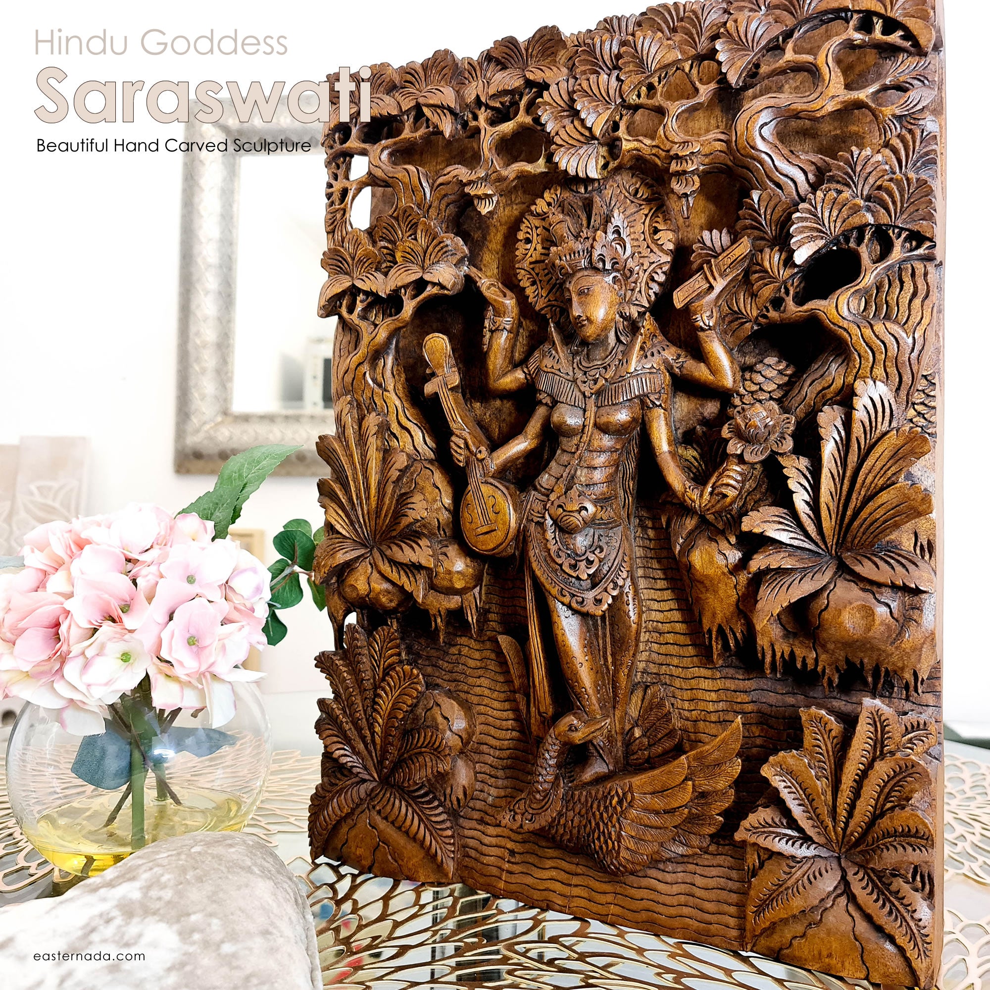 Goddess Saraswati Carved Wooden Decorative Hindu Mandir Sculpture Art - Easternada