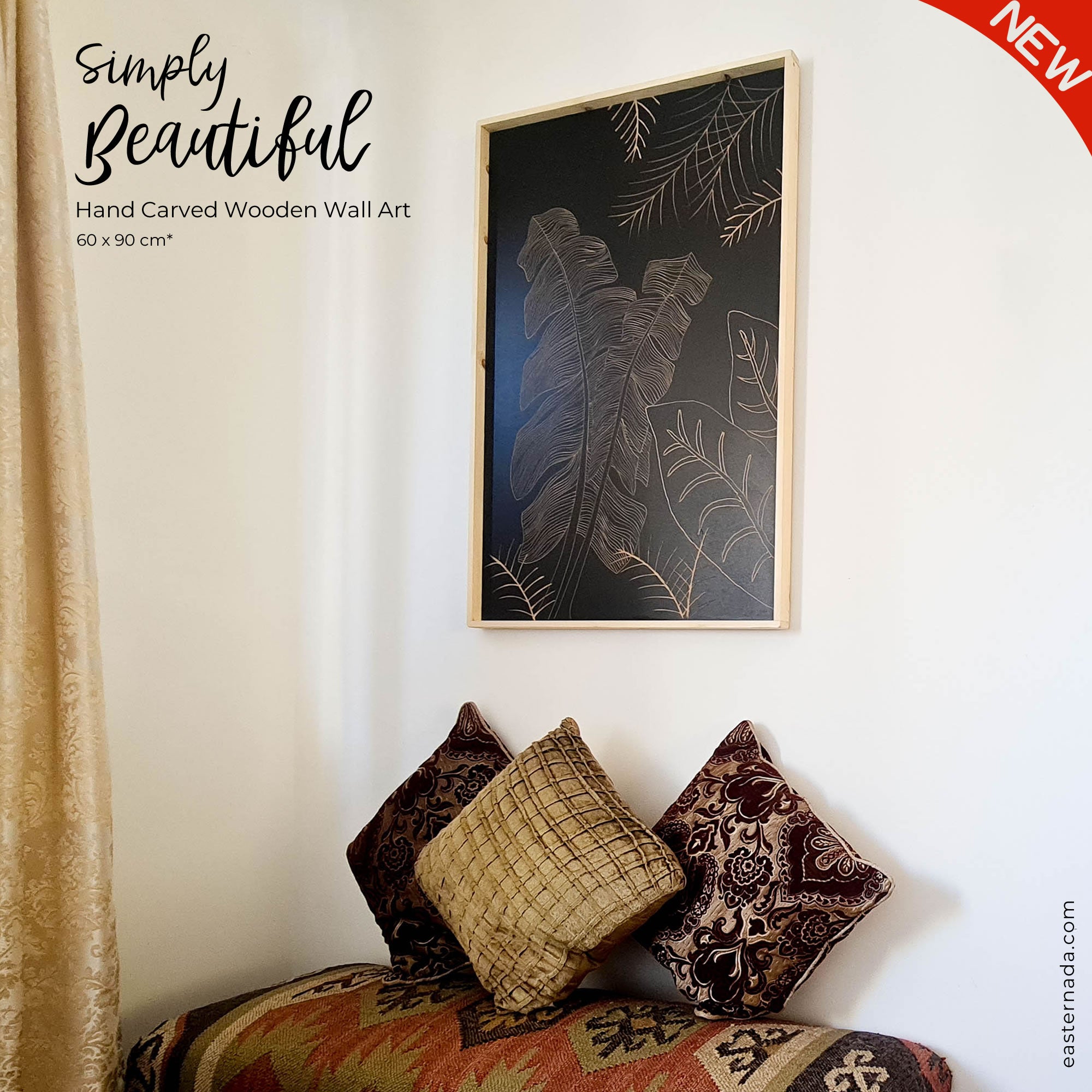 Art mural décoratif en bois sculpté à la main Feuilles sauvages Noir Grand