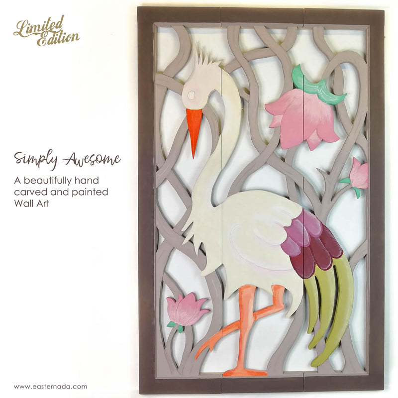 Carved Painted Wooden Wall Art - Large Headboard Decorative Bird Panel