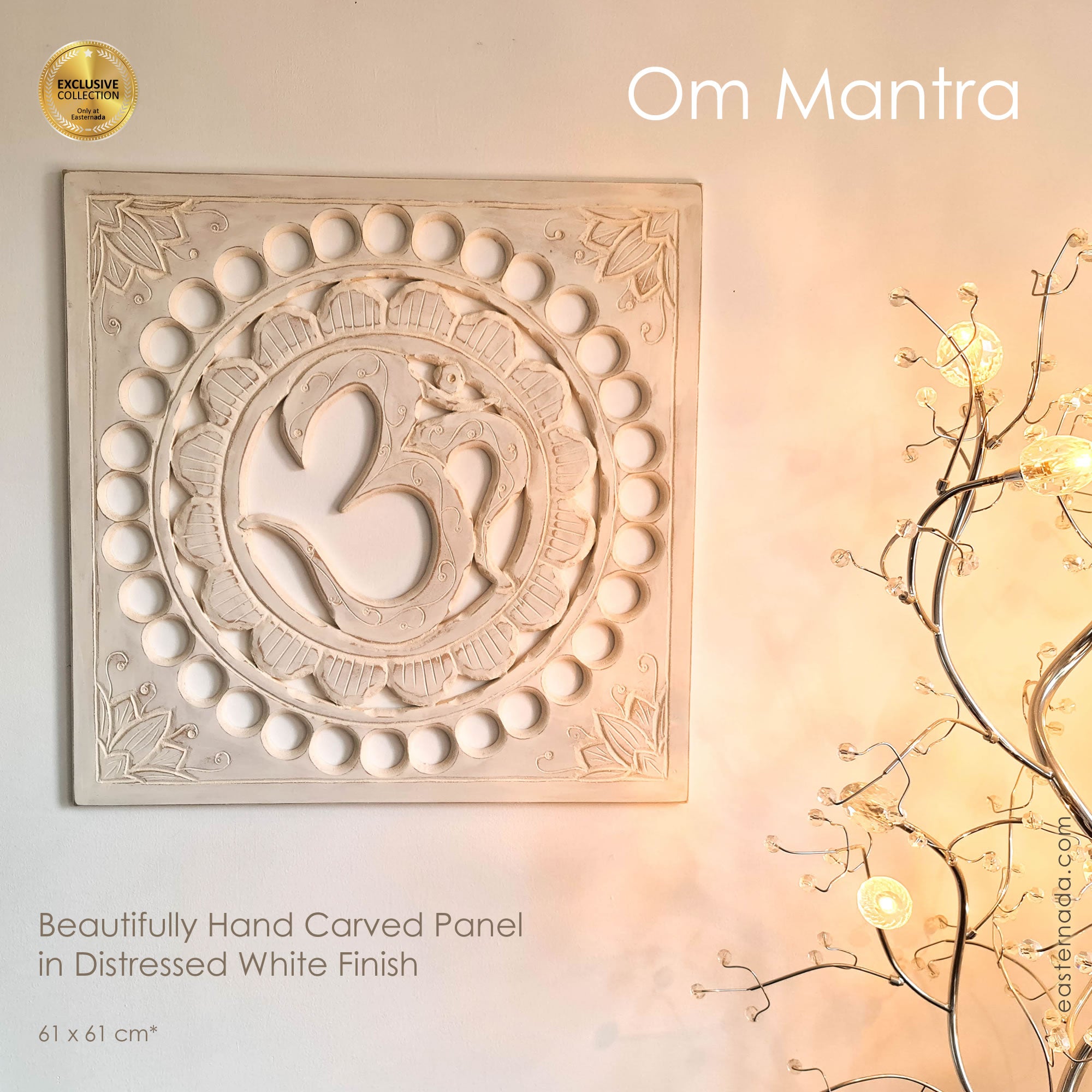 Handmade Carved Wooden Decorative Wall Art OM Mantra Distressed White