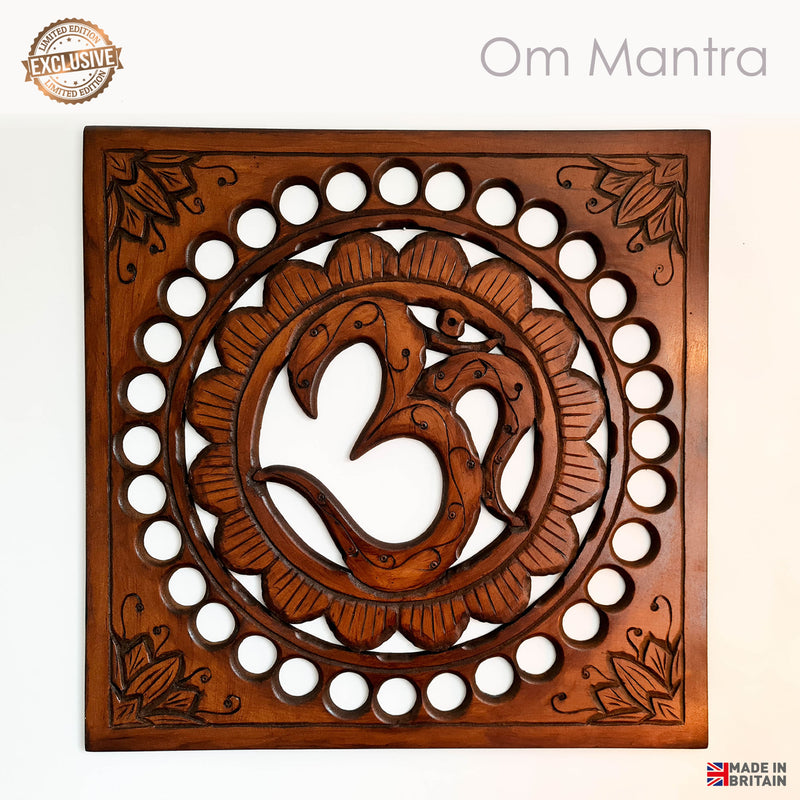 Handmade Carved Wooden Decorative Wall Art OM Mantra Mandir Meditation - Easternada