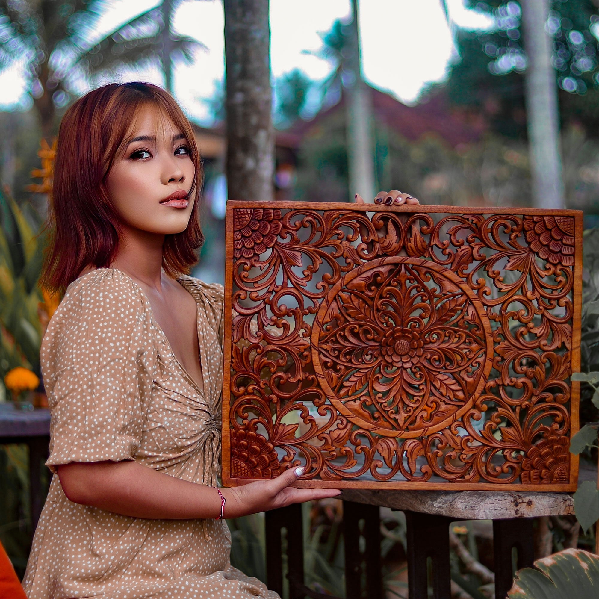 Mystic Lotus Mandala Hand Carved Wooden Room Decorative Large Headboard Wall Art Sculpture