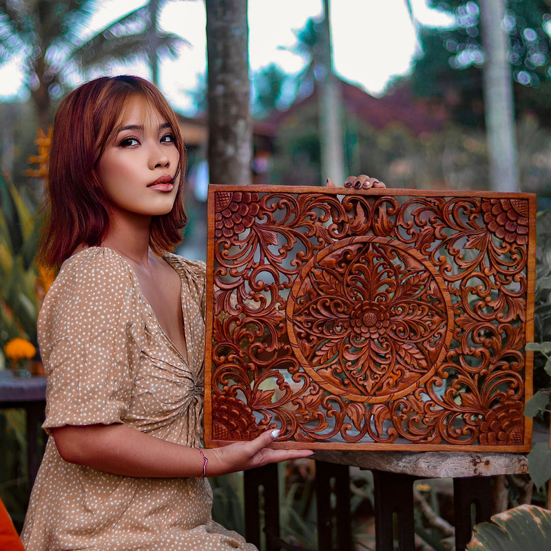 Mystic Lotus Mandala Hand Carved Wooden Room Decorative Large Headboard Wall Art Sculpture