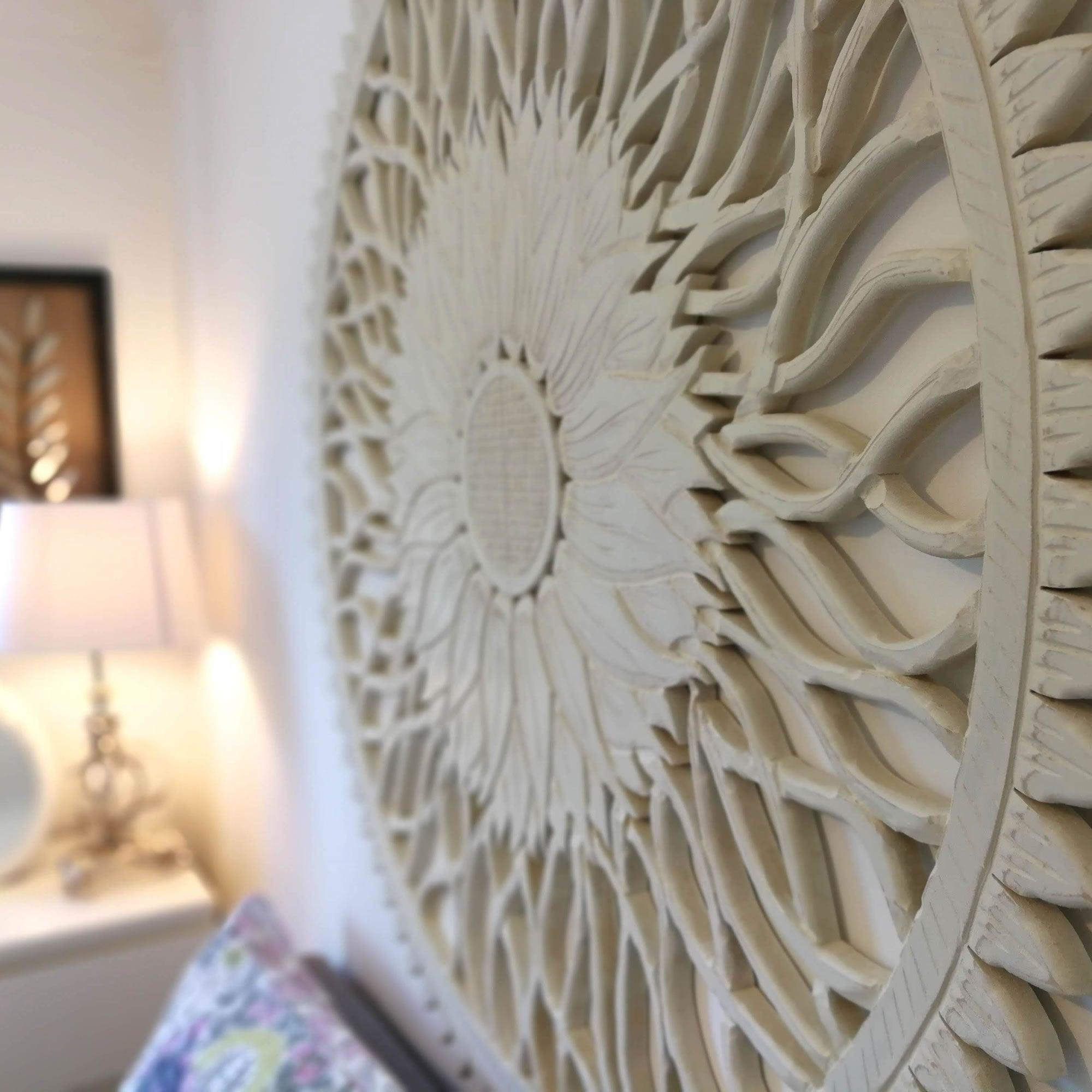 48" Inches Large Handmade Carved Wooden Decorative Wall Art Lotus Headboard Panel - Easternada