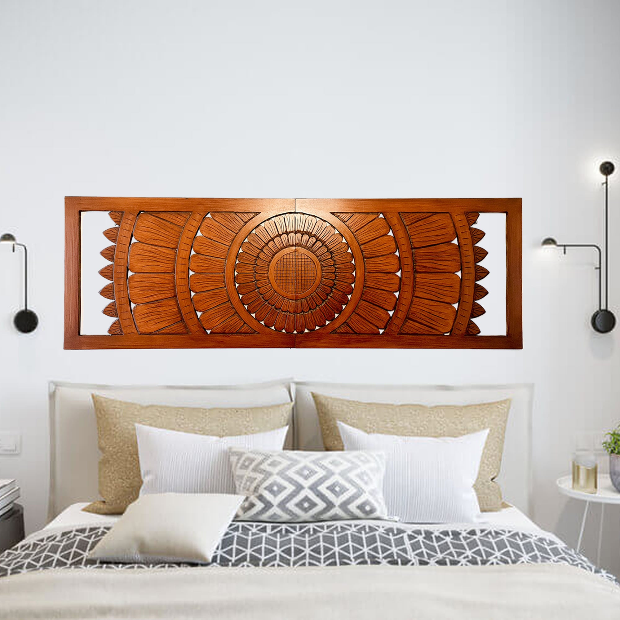 Large king Size Mandala Headboard - Handmade Carved Wooden Wall Art Lotus