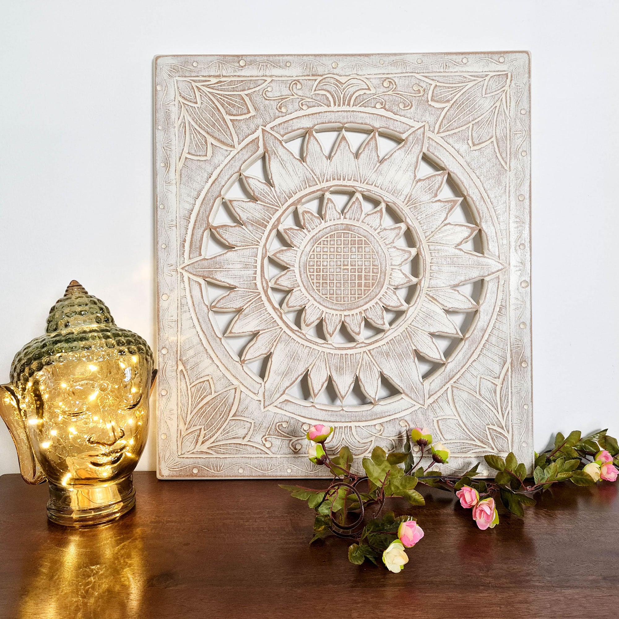 Carved Wooden Wall Art - Decorative Mandala Yoga Distressed Eco Panel Headboard Sculpture Easternada Gift