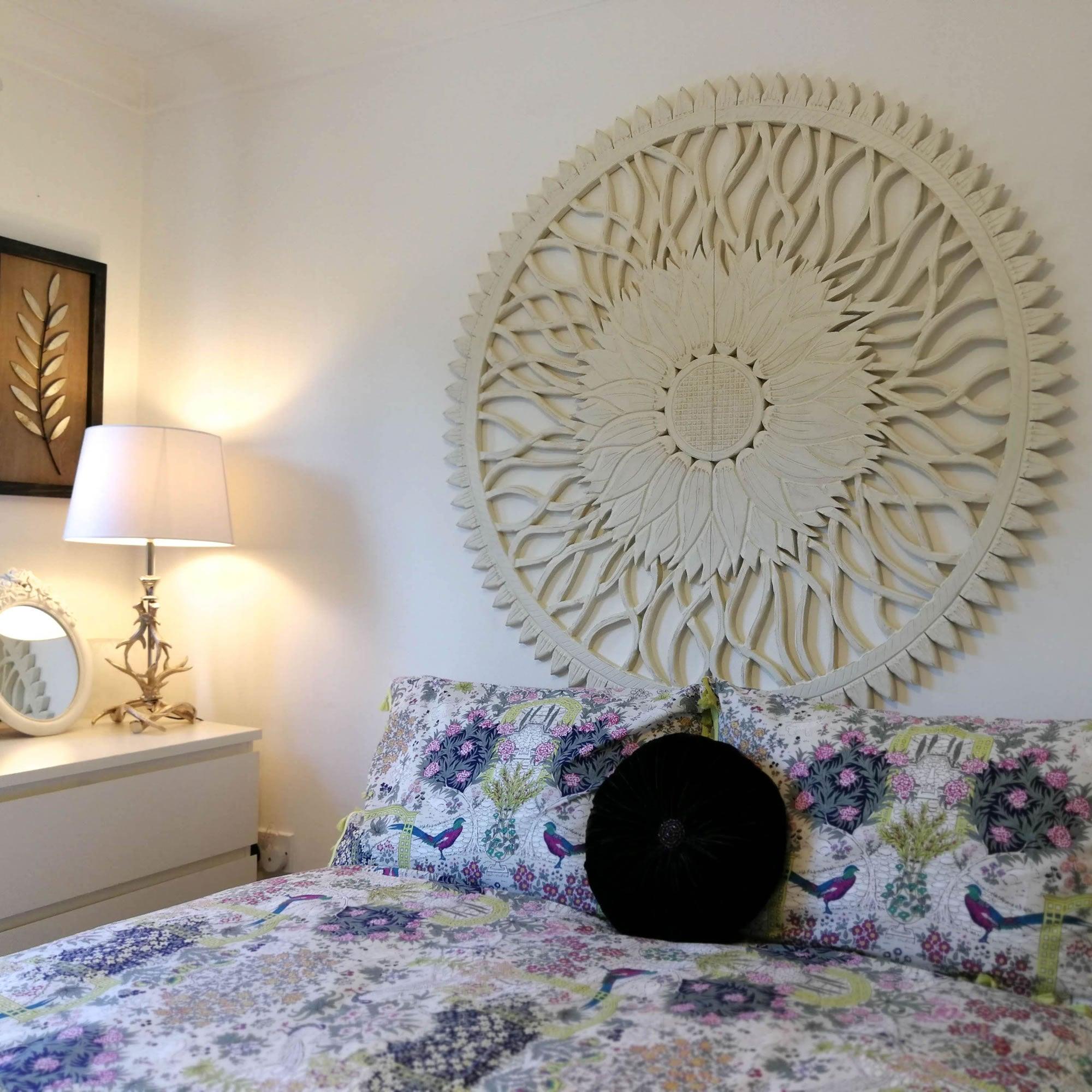 48" Inches Large Handmade Carved Wooden Decorative Wall Art Lotus Headboard Panel - Easternada