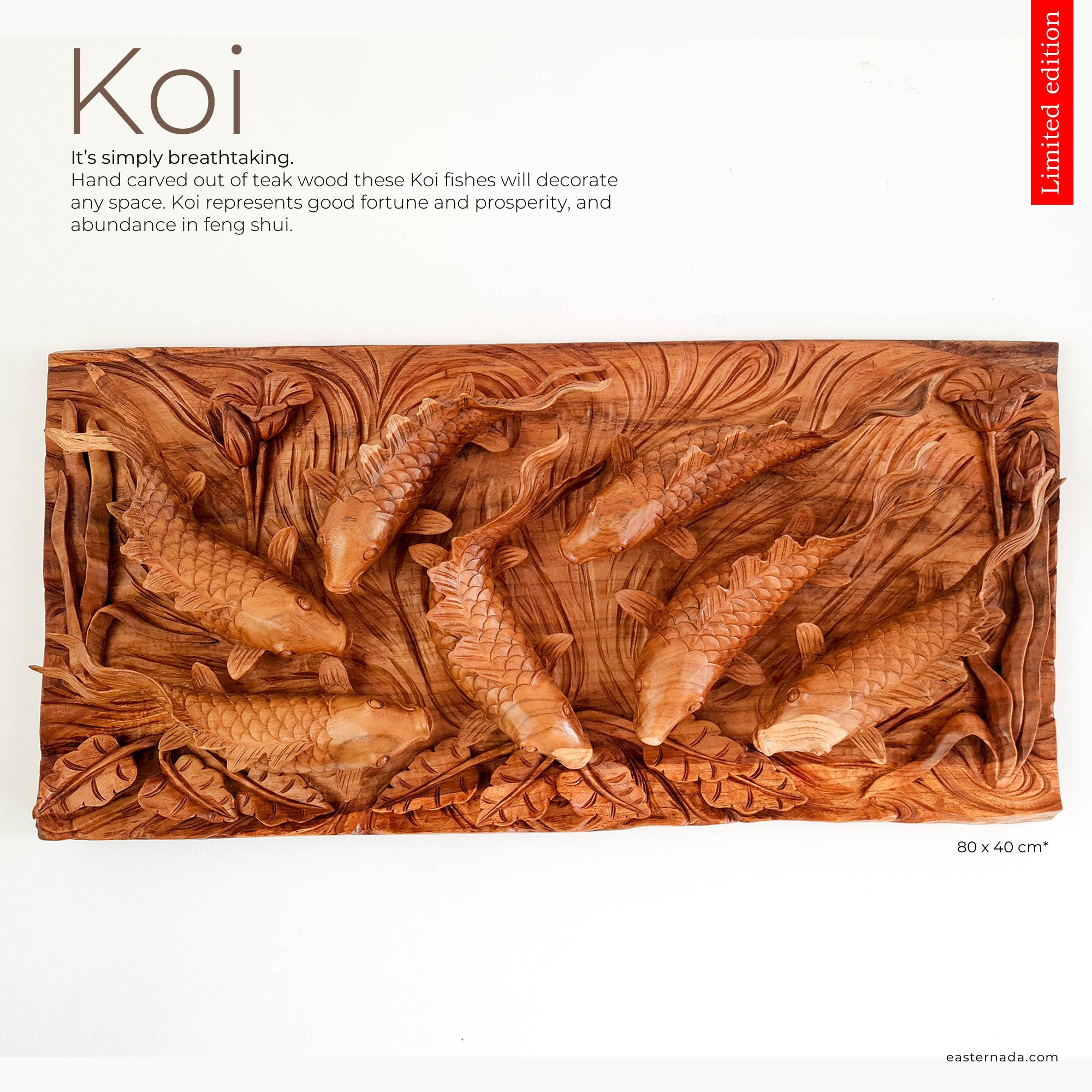 Koi fishes hand carved out of a single piece of Teak wood. Koi fishes represent good luck, prosperity and abundance in Feng Shui. This is a stunning Carved Wooden Wall Art handmade with some eye catching results. An exclusive and unique piece, only one carved and available. A perfect gift.