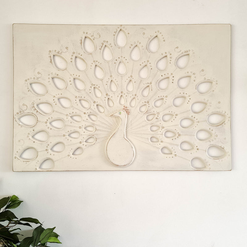 Peacock Hand Carved Wooden Decorative Sculpture Wall Art Distressed White Headboard Shabby Chic