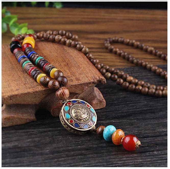Blessed Tibetan Buddhist Monk Meditation Beads Wooden Necklace Bohemian