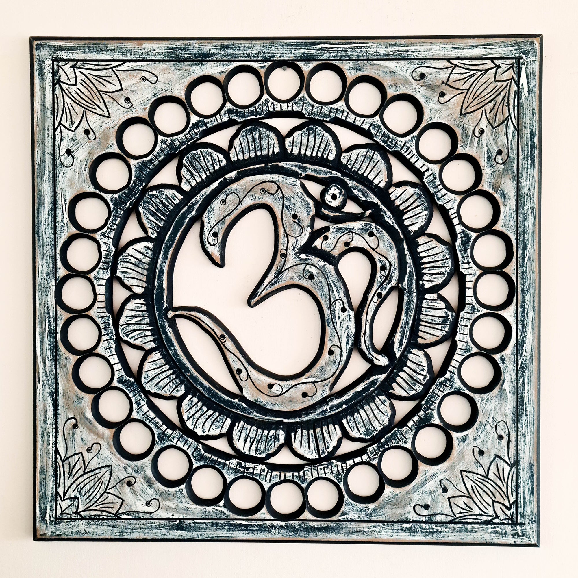 Handmade Carved Wooden Decorative Wall Art Hanging Buddha OM Mantra Distressed Rustic Indigo Blue