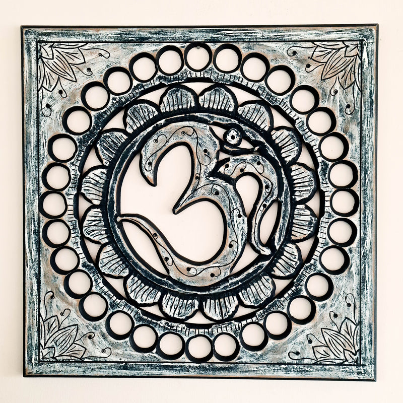 Handmade Carved Wooden Decorative Wall Art Hanging Buddha OM Mantra Distressed Rustic Indigo Blue