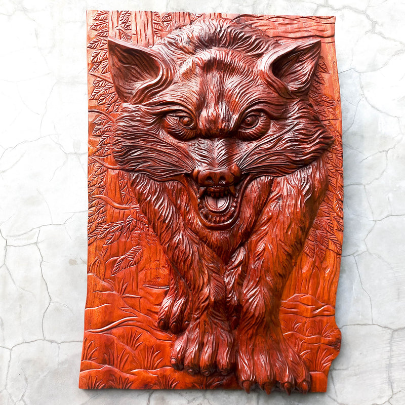 Hand Carved Wolf Decorative Teakwood Sculpture Wall Art