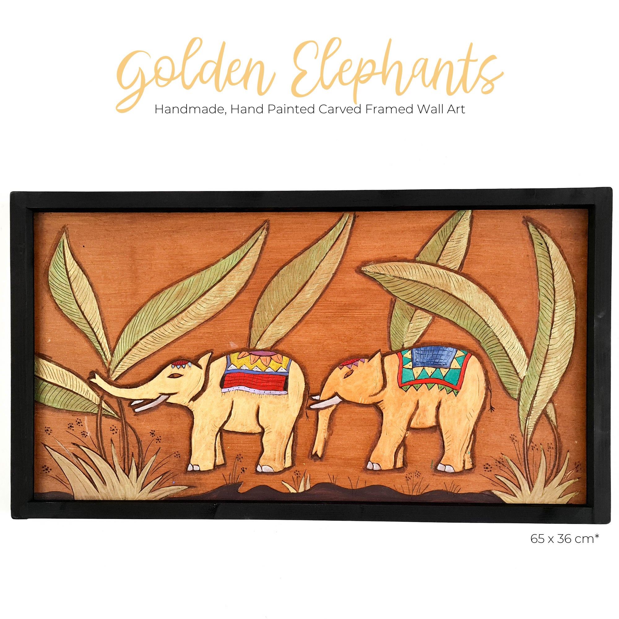 Golden Jungle African Elephants - Hand Carved Wooden Wall Art